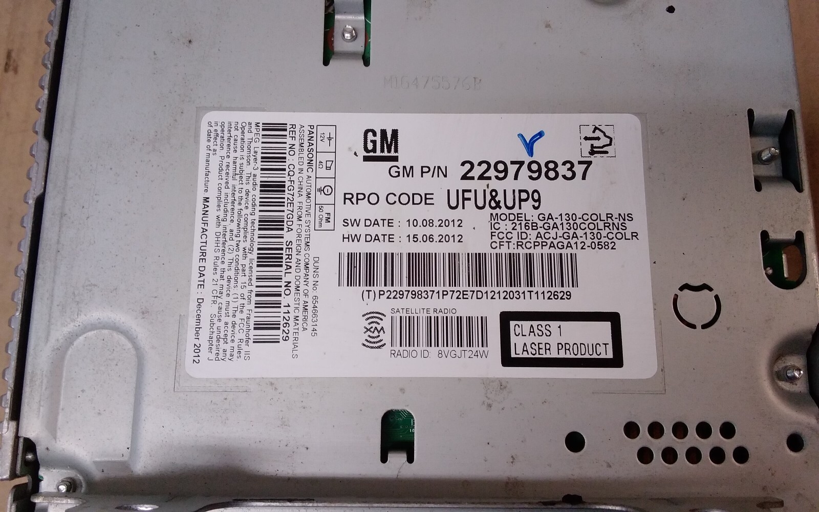 2013 CHEVY CRUZE RADIO RECEIVER W/ MY LINK AM-FM-SINGLE CD- MP3-USB ID-22979837