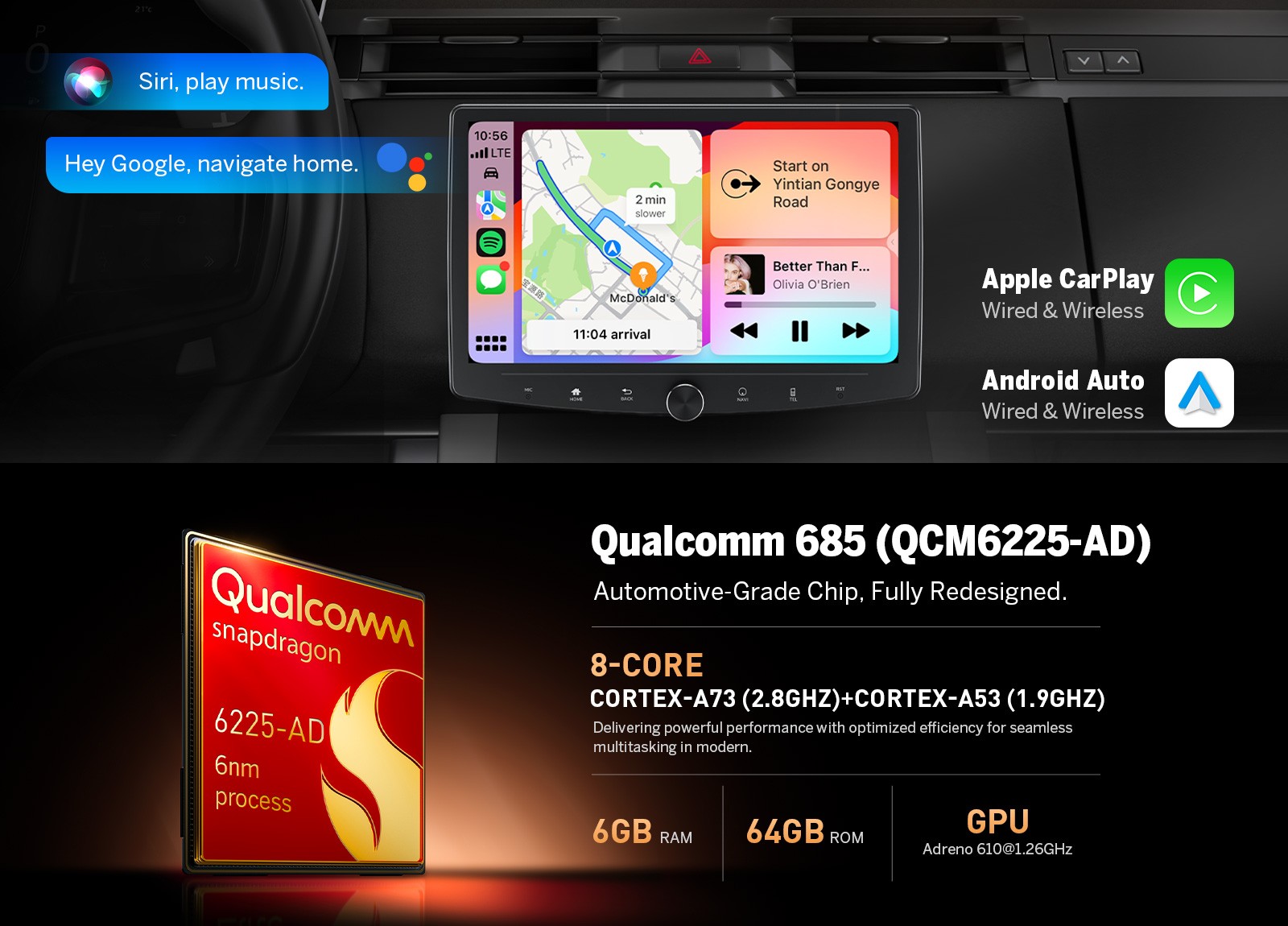 2 Din Android 13 8-Core 6+64G CarPlay 10.1″ QLED Car Stereo Radio GPS Navigation