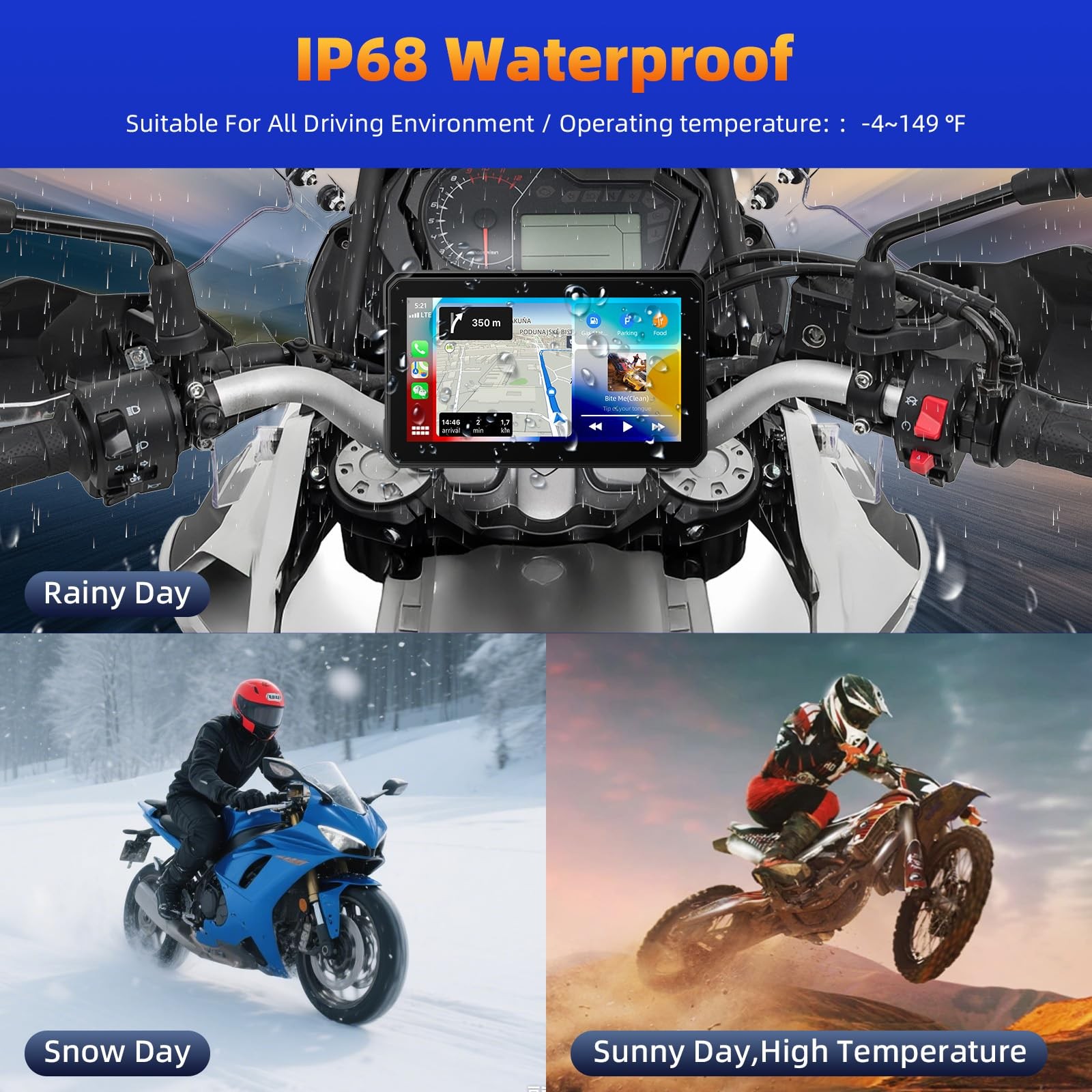 Motorcycle CarPlay Screen with Wireless Apple CarPlay Android Auto, IP68 Wate…