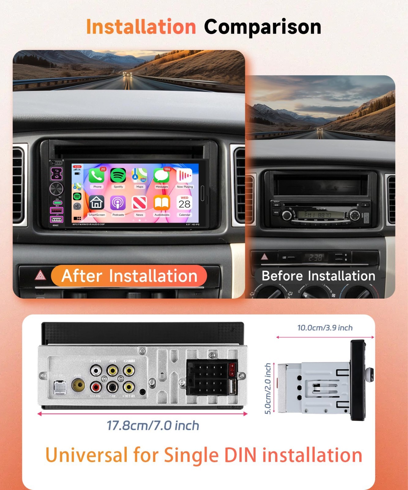 6.9″ Single Din Car Stereo, Bluetooth 5.2, Wired CarPlay & Android Auto, Touch S