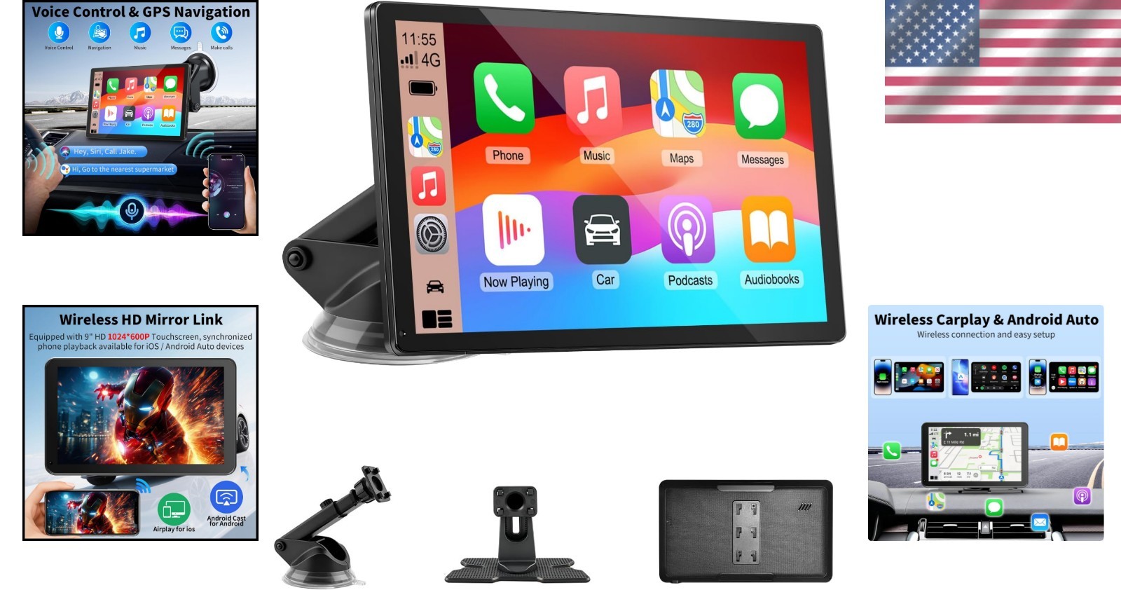 Wireless 9-Inch HD CarPlay Screen with Voice Control & Mirror Link Functionality