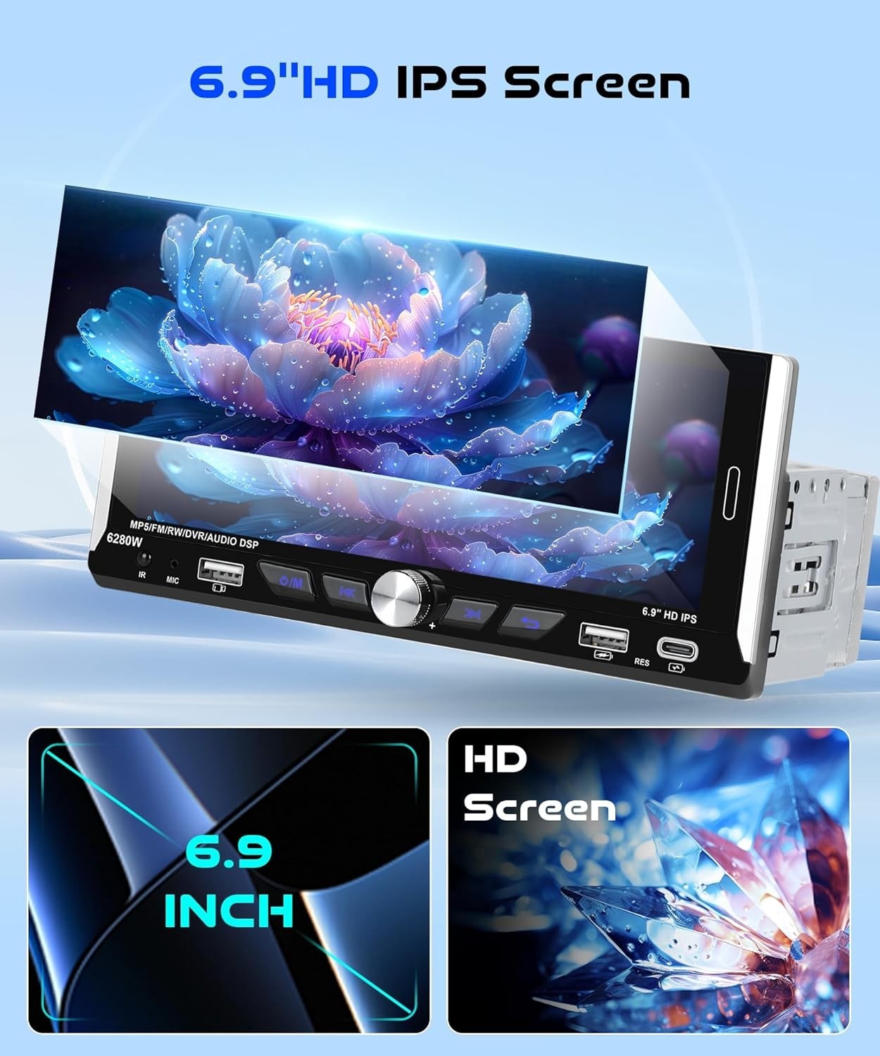 6.9-inch Single Din Car Stereo Wireless Carplay,1280X480P IPS Touch Screen Ca…