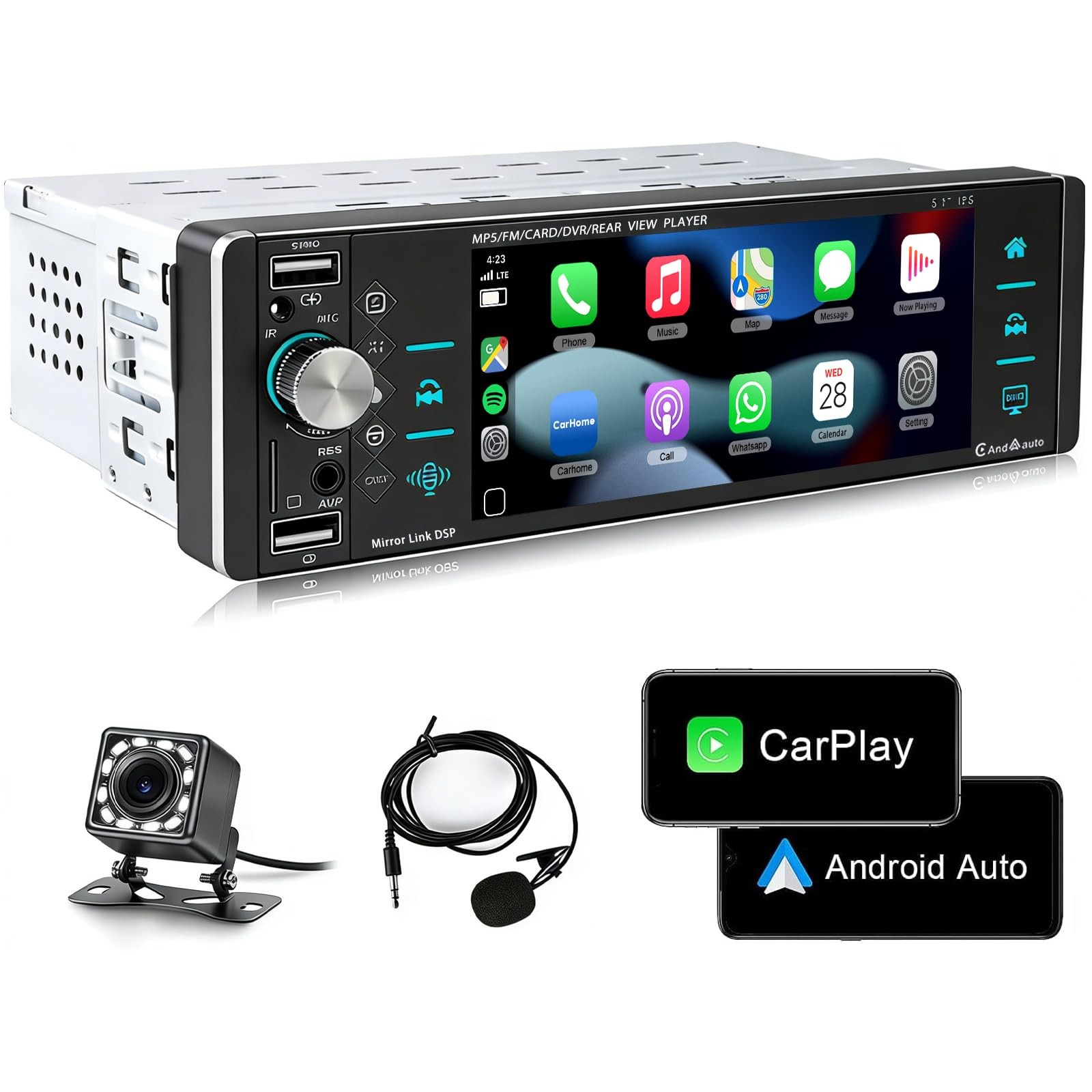 Estereo Radio Bluetooth de un solo DIN Pantalla Tactil Apple Carplay Para Coche