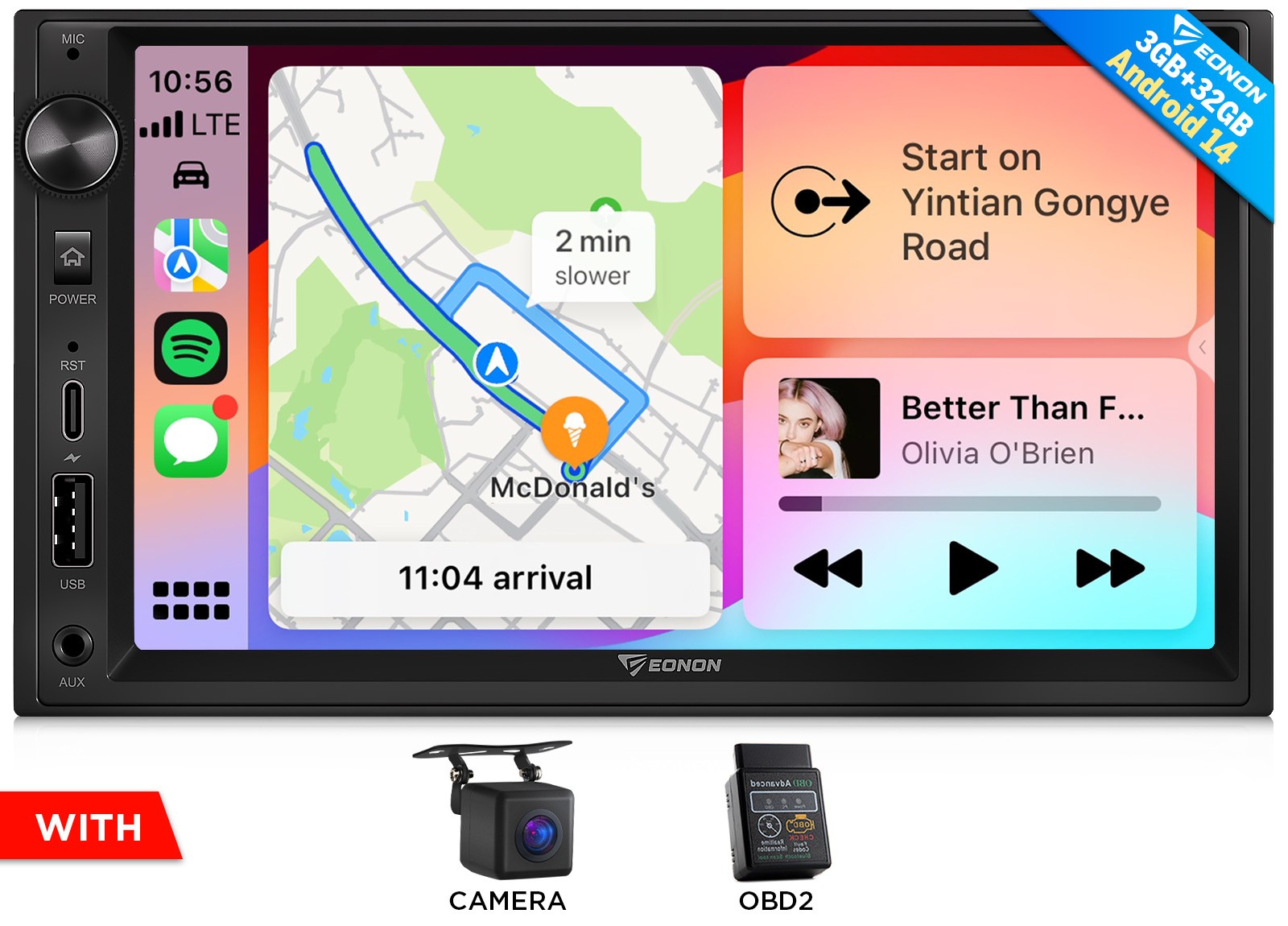 CAM+OBD2+Android Auto 14 7″ Double 2 DIN Car Play GPS Stereo IPS Touch Screen FM