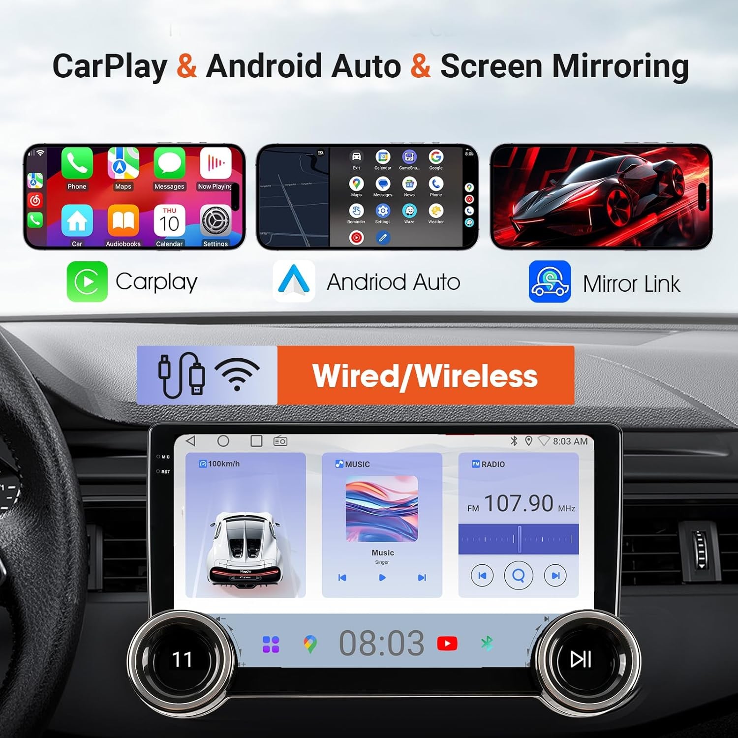 10.1″ Wireless CarPlay & Android Auto Car Stereo – 2GB RAM 64GB ROM, BLACK