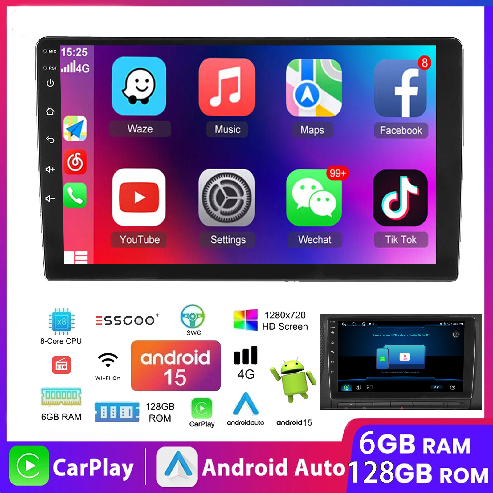 6GB+128GB QLED 10.1″ 2DIN Car Stereo Radio Carplay Android 15 8-core GPS WIFI