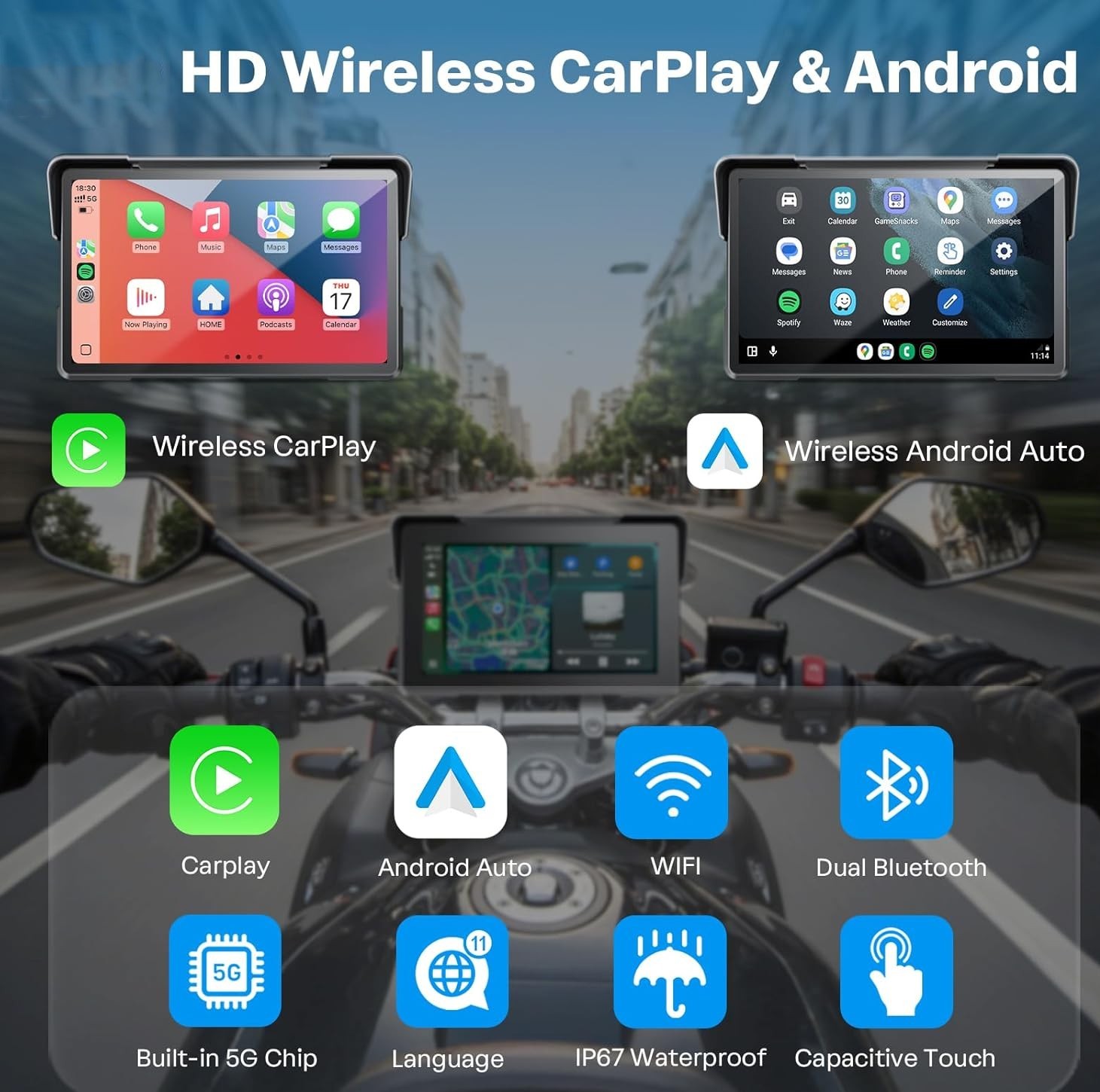 Touchscreen Motorcycle CarPlay& Android Auto& Dual Bluetooth Navigation GPS Call