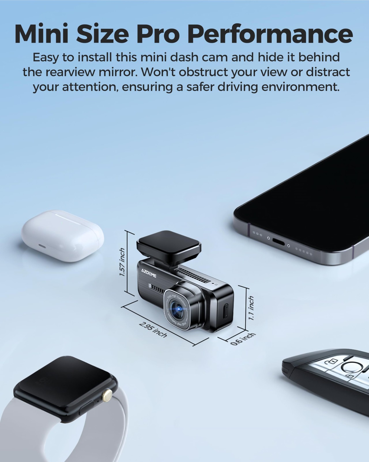 Azdome M200 Mini 1080P WiFi Dash Cam for Cars, Hidden Front Dash Camera