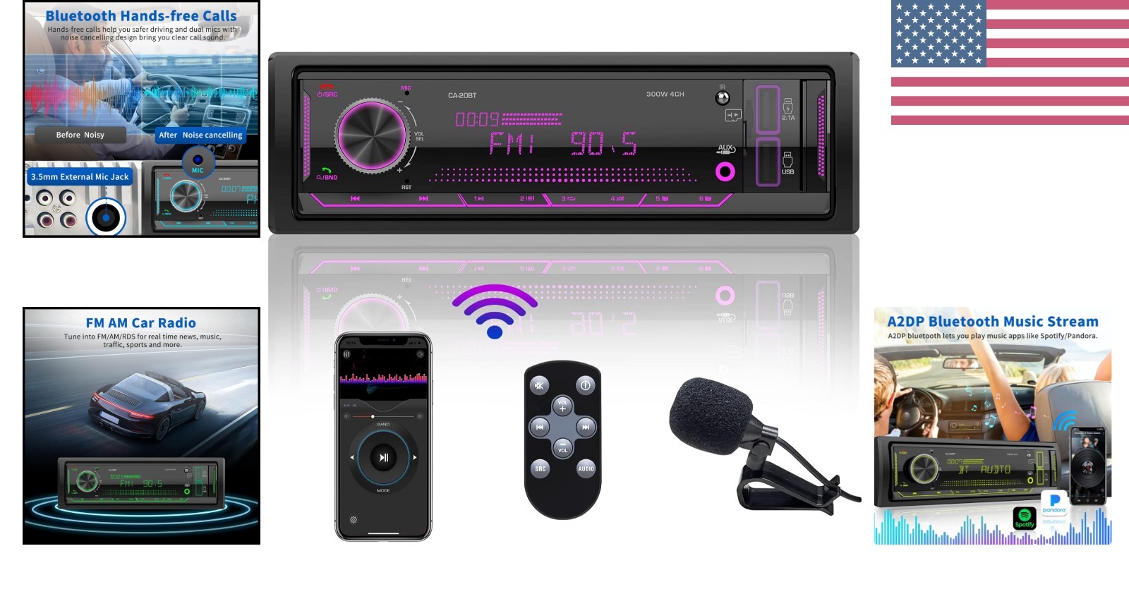 Powerful 300W Bluetooth Car Radio with Multi-Color Display & Hands-Free Calls