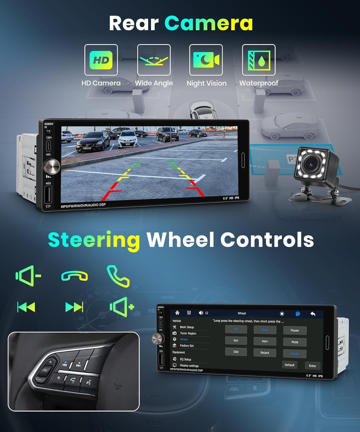 Single Din Car Stereo 6.9in Touch Screen Wireless Carplay Android Auto Bluetooth