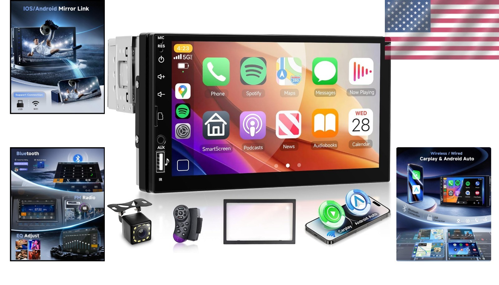 7 Inch Single Din Car Stereo with Wireless Carplay & Bluetooth 5.0 Connectivity