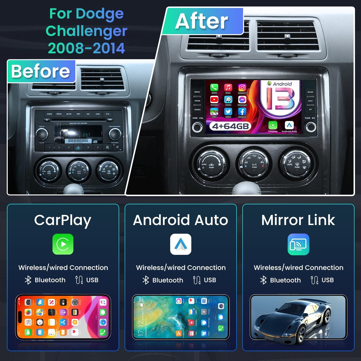 [4G+64G] 5G WiFi Car Radio Stereo for Dodge Challenger 2008-2014: Radio for D…