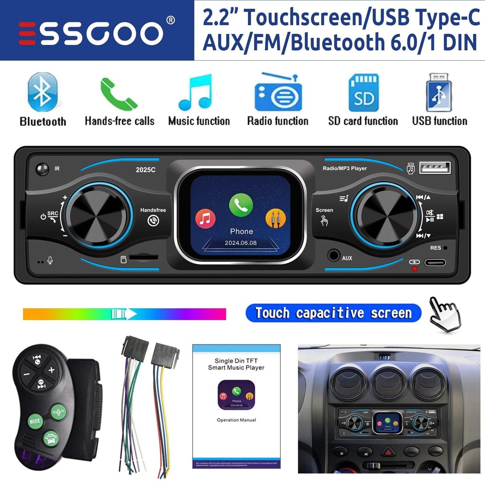 1Din Bluetooth Car Radio Stereo FM Audio Head Unit MP3 Player USB/TF/AUX In-Dash