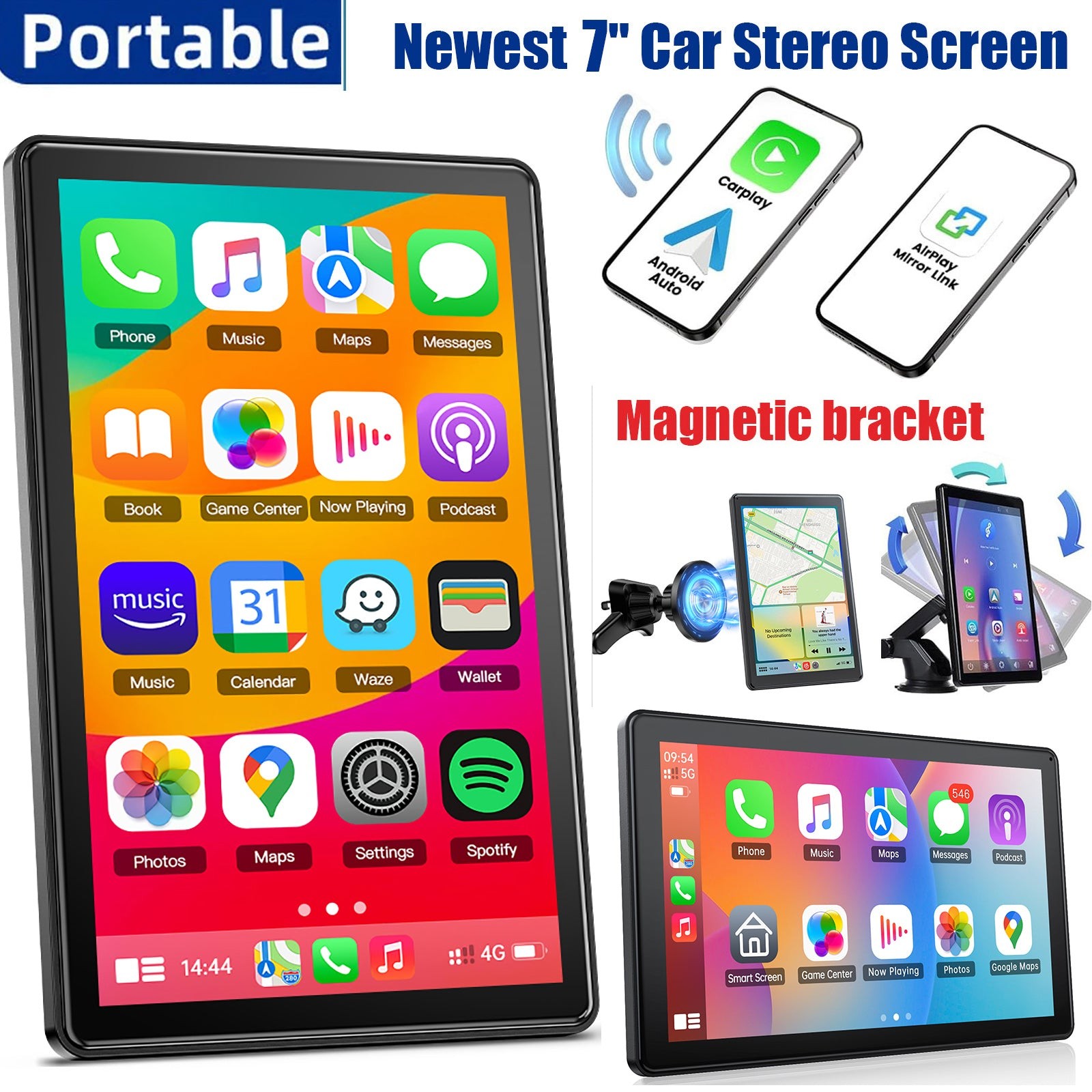 New 7″ Portable Touch Screen Car Radio Stereo Wireless CarPlay Android Auto FM