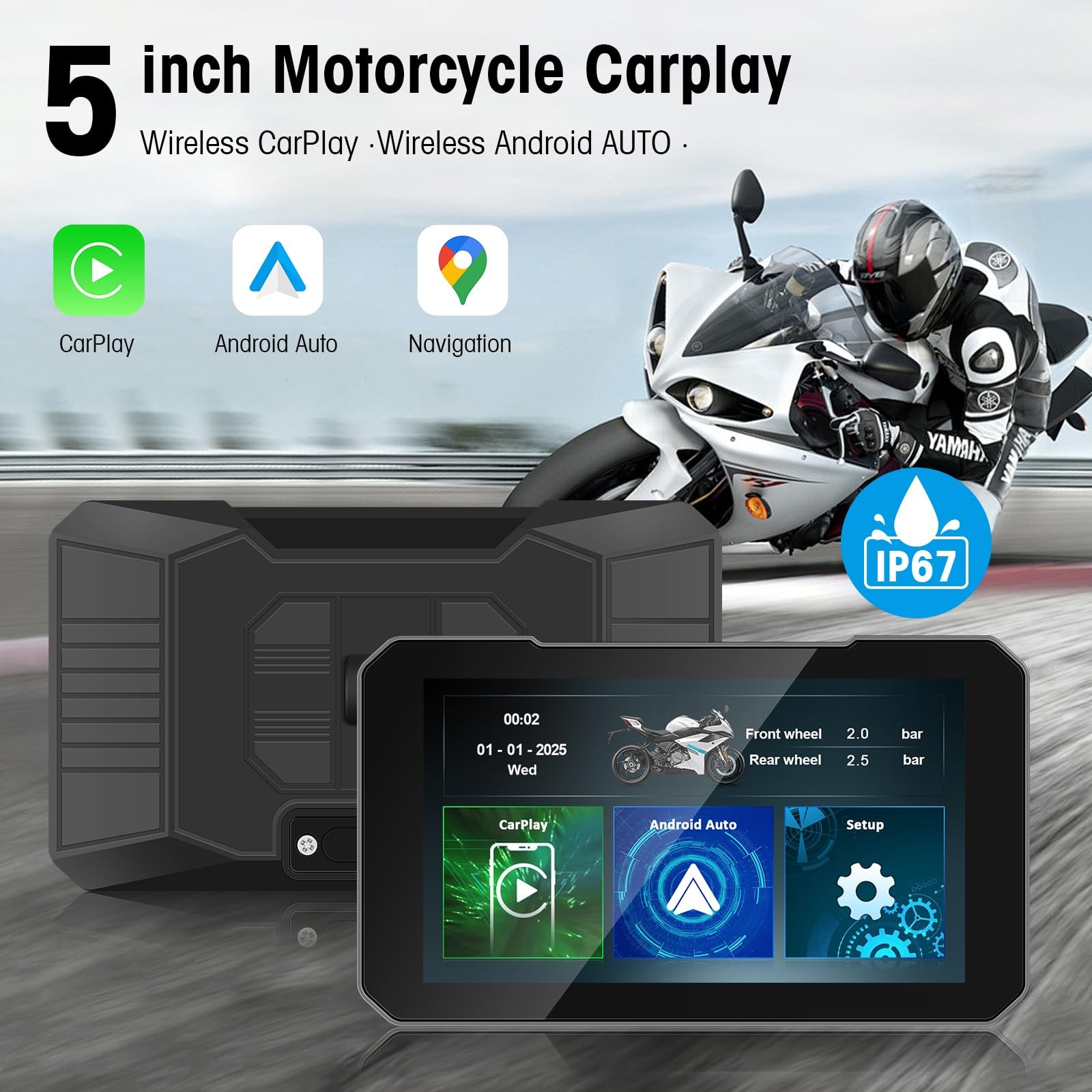 Motorcycle CarPlay Screen with Wireless CarPlay Android Auto, 5 Inch Waterpro…