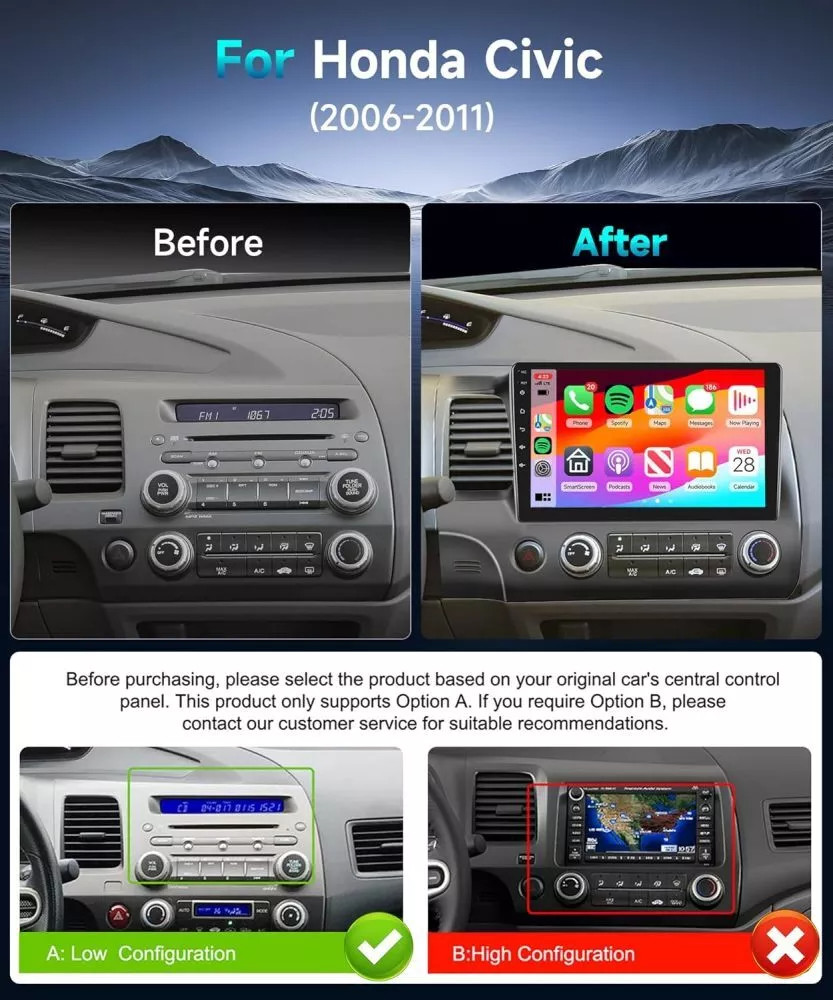 64GB For Honda Civic 2006-2011 10″ Android 13 Apple Carplay Car Stereo Radio GPS