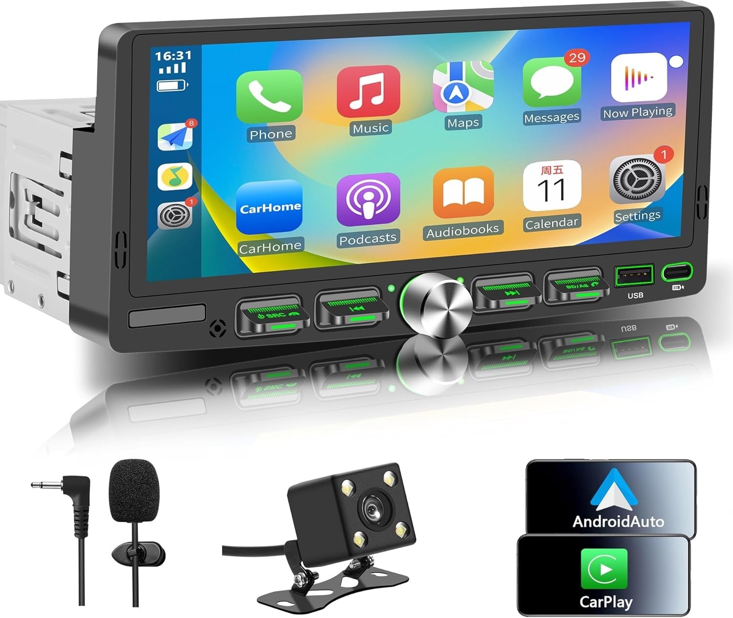 Single 1 Din Car Stereo Wireless CarPlay 6.8″ Touchscreen Bluetooth Radio FM USB