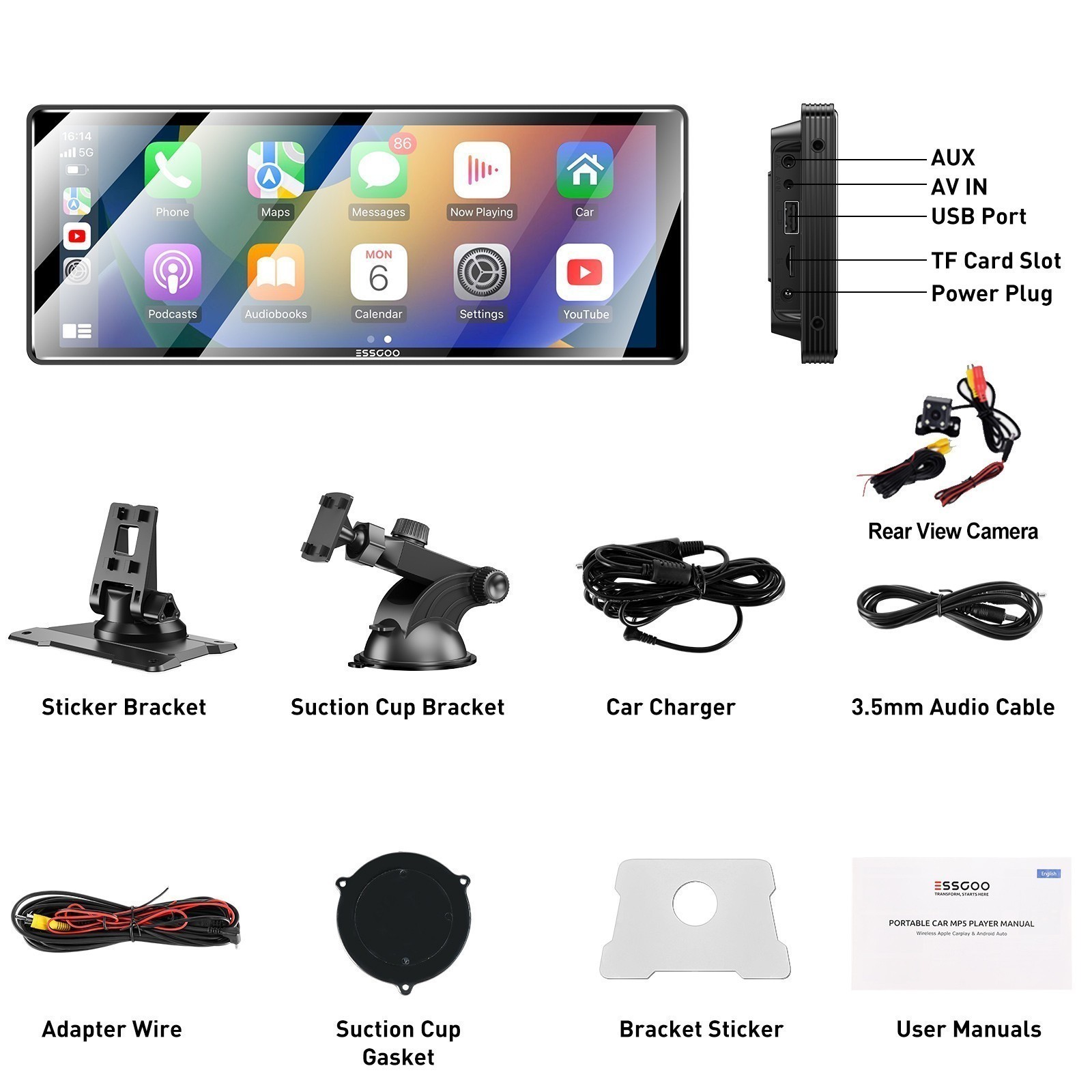 10.26″ Portable Car Stereo Radio Wireless Apple Carplay/Android Auto USB Camera