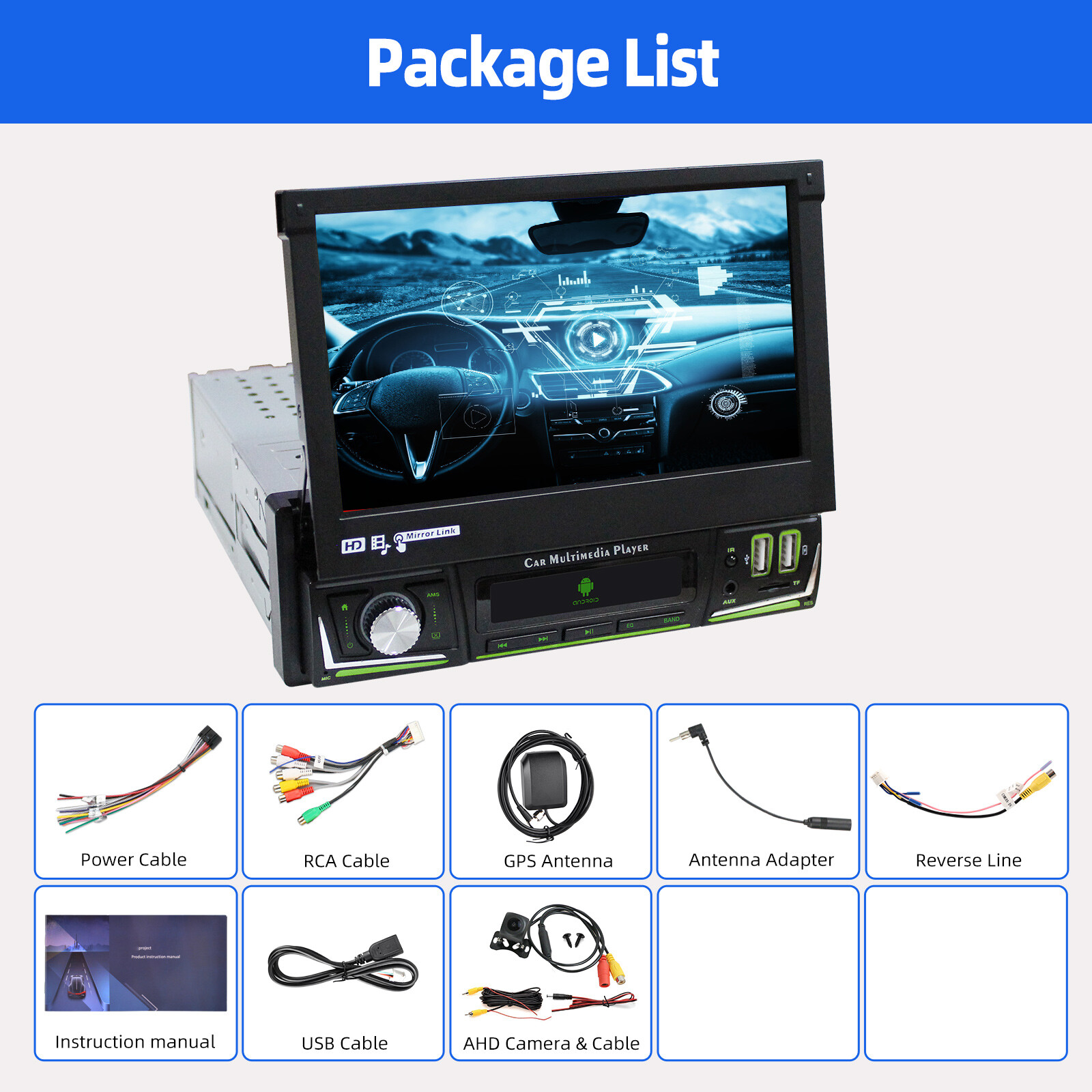 4+64G 1 DIN 7″ Flip Out Android 13 Carplay Car Stereo Radio GPS Navi WIFI FM Cam