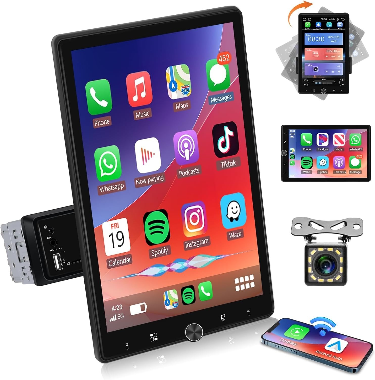 10.4″ Single Din Touchscreen Car Stereo with Wireless Carplay& Android Auto, …