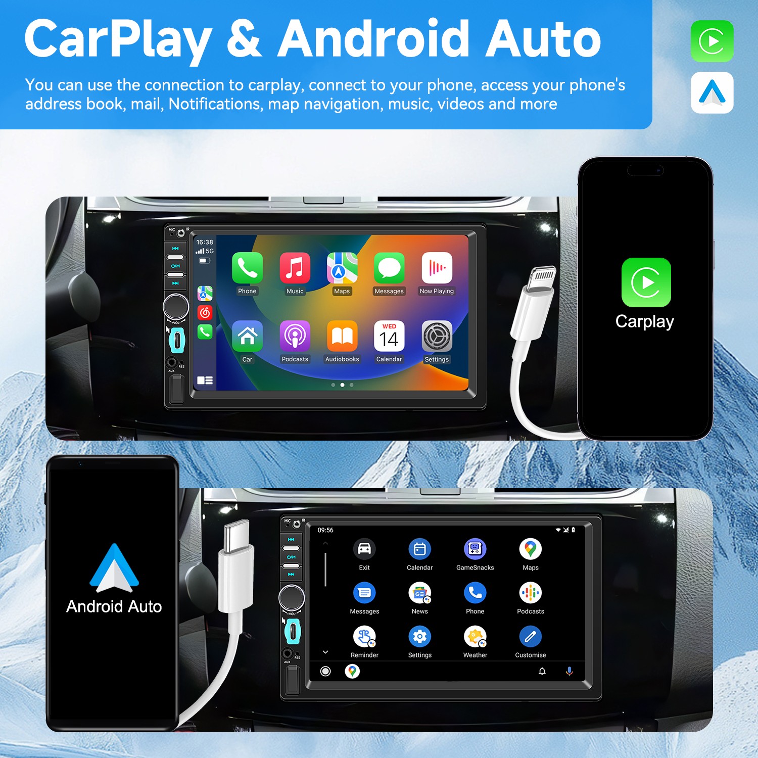 Double 2Din 7″ Touch Screen Stereo Bluetooth Radio Car Apple/Android Carplay GPS