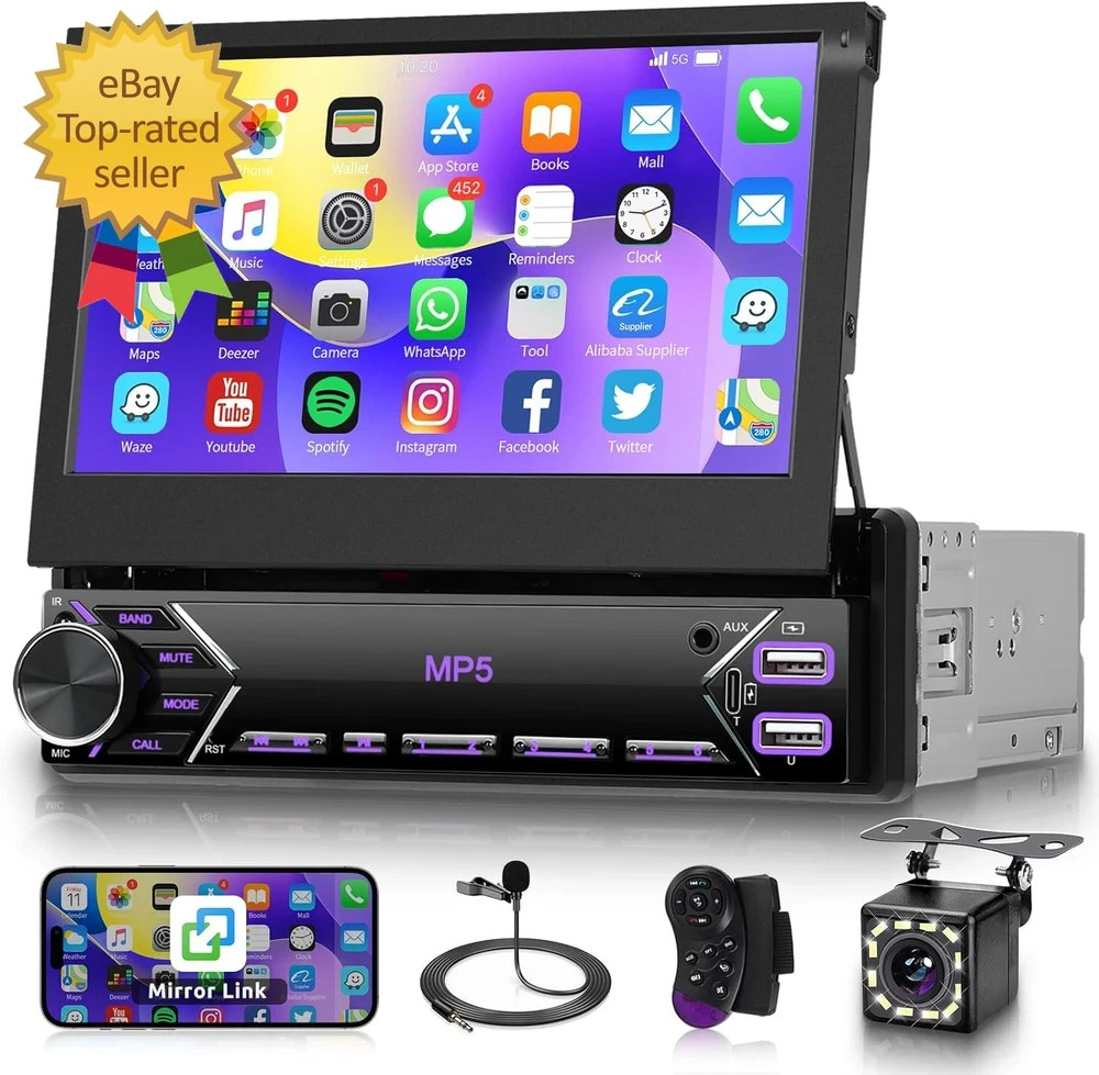 Single Din Flip Out Car Stereo Bluetooth 7 Inch Retractable Touch Screen Car Rad