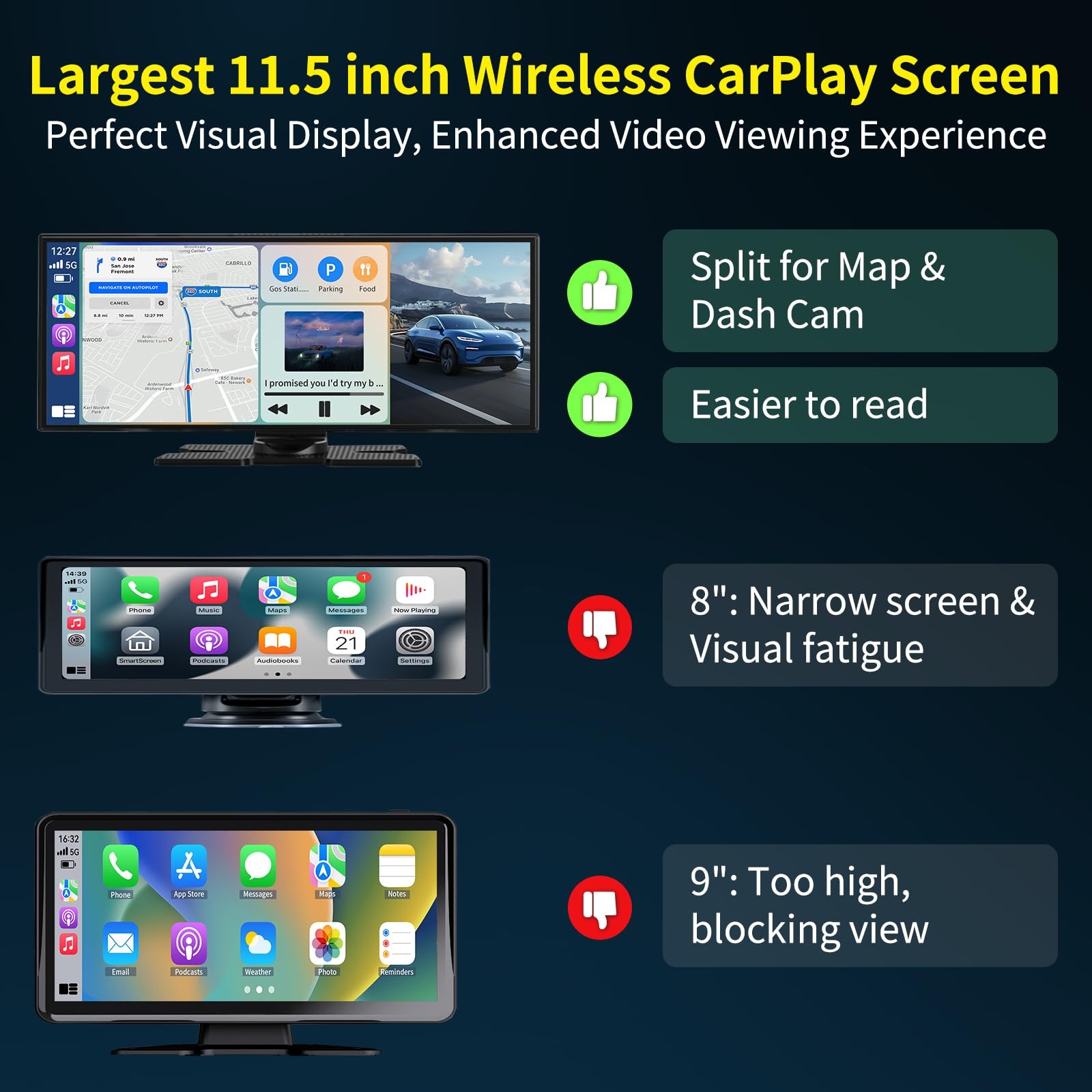 Largest 11.5 inch Wireless CarPlay Screen for Car, Apple CarPlay & Android Au…