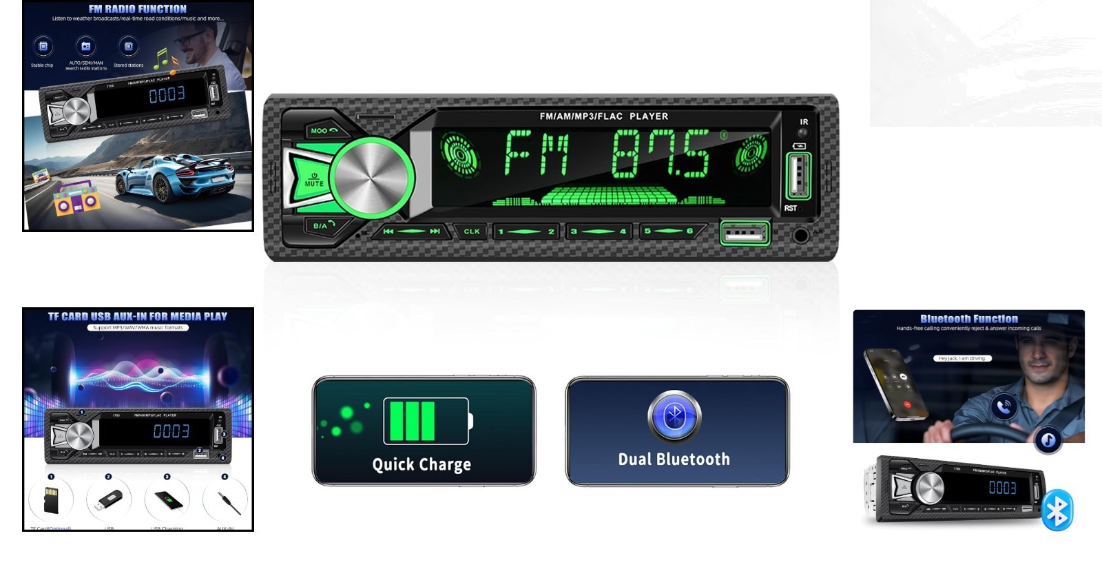 Modern Digital LCD Single Din Car Stereo with Bluetooth & RGB Backlighting