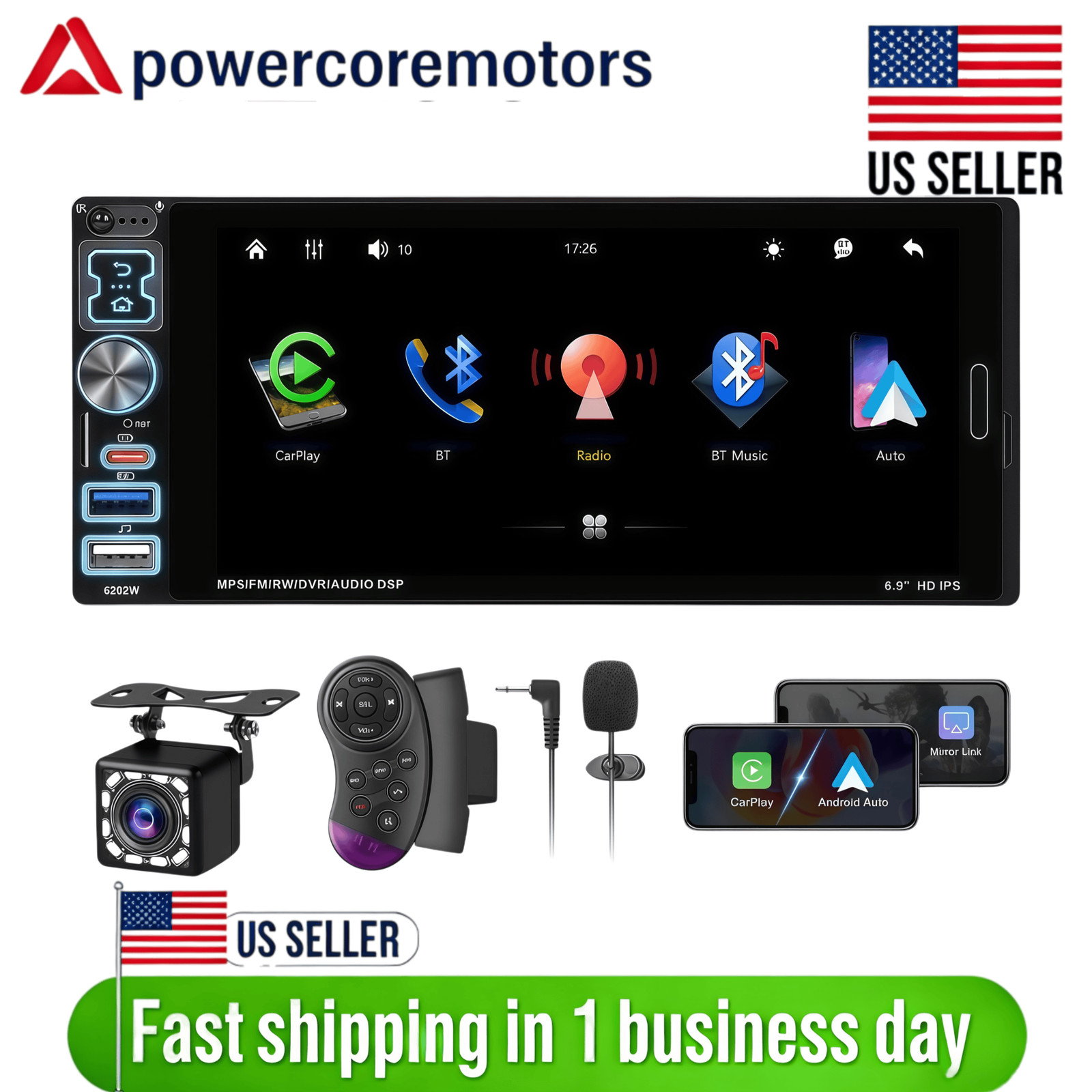 Single Din Car Stereo Wireless Apple CarPlay 6.9 touchscreen Bluetooth Radio USB