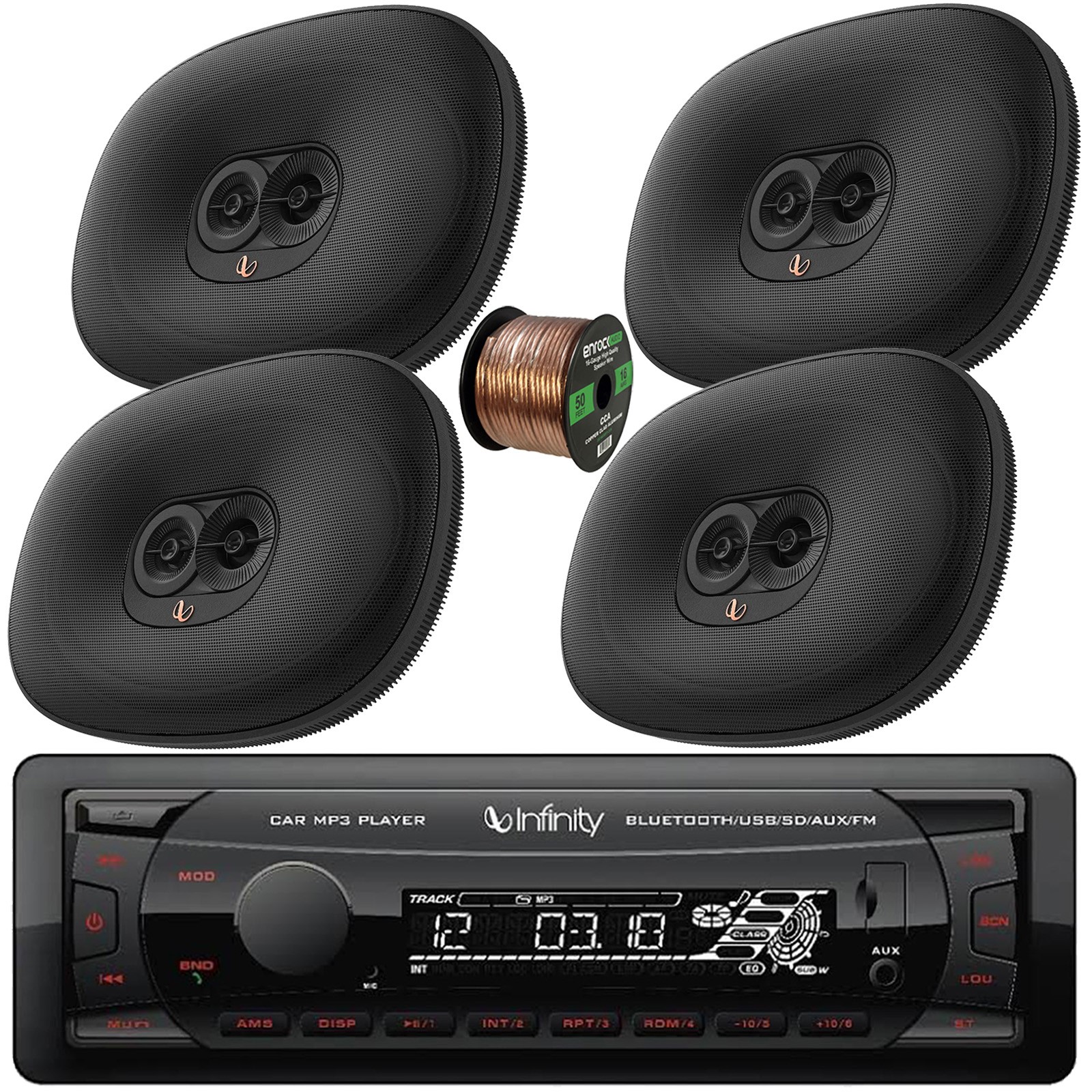 Infinity Bluetooth FM Radio Receiver, 6×9″ 180W Max Car Speakers (QTY 4), Wire