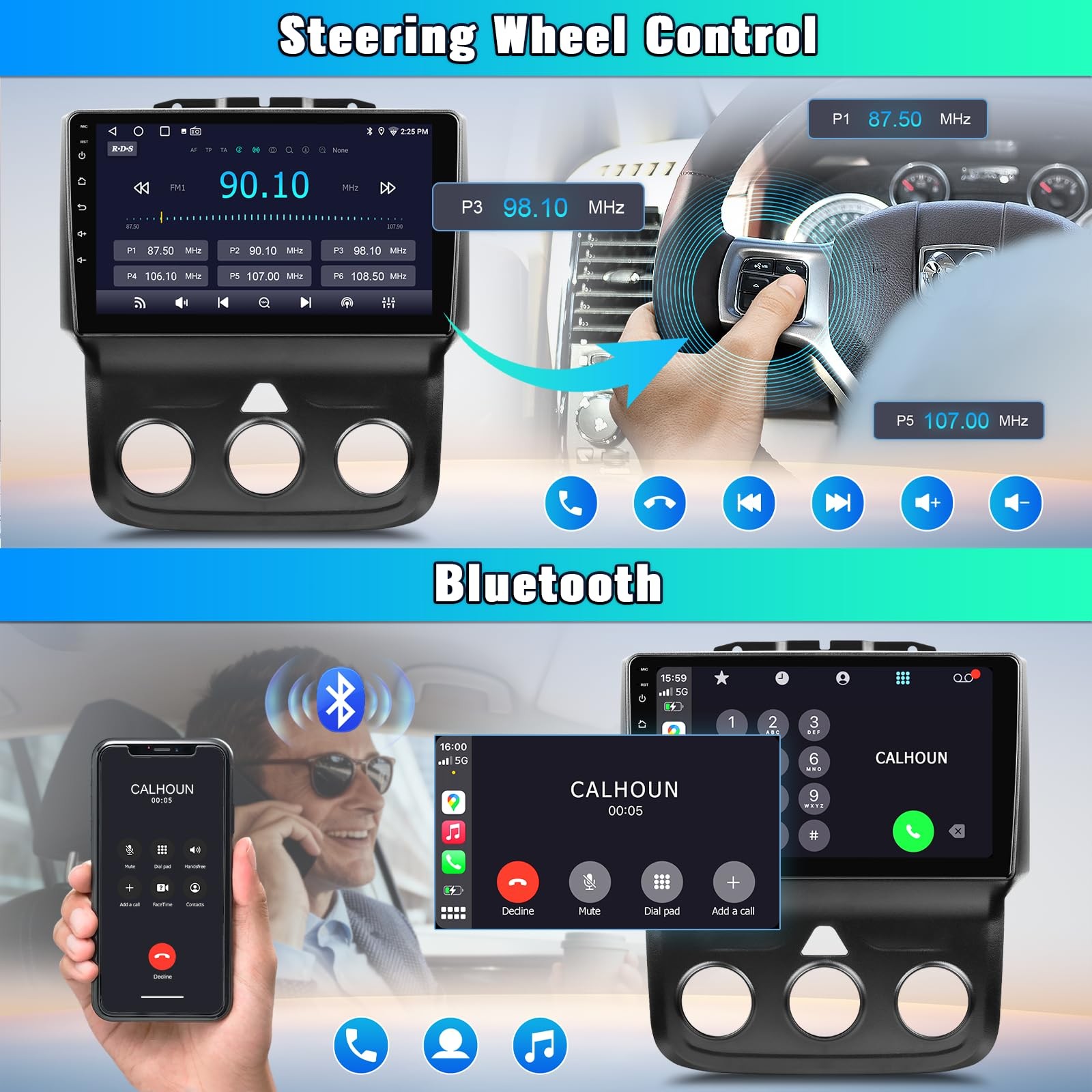 9″ Wireless Carplay Stereo for 2013-2018 Dodge Ram 1500 2500 3500 w/ Manual AC