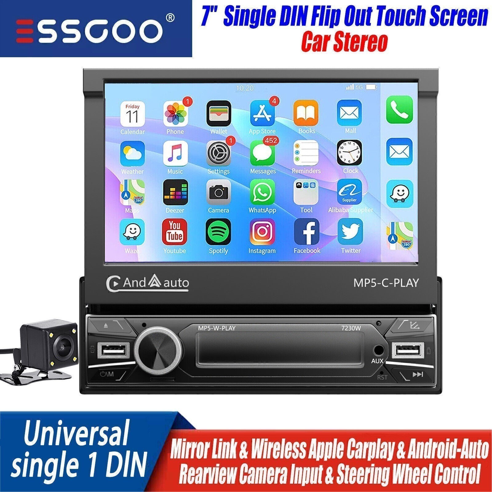 Single 1 DIN 7″ Carplay Car Stereo Radio Head Unit Flip Out Touch Screen BT Cam