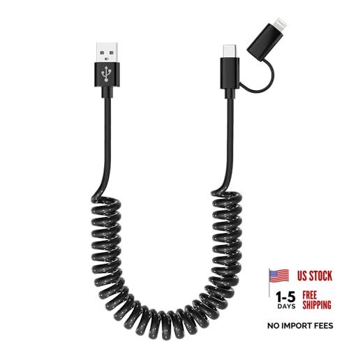 USB to USB-C and Lightning Cable Combo 2 in 1 Coiled Cable Support Apple Black