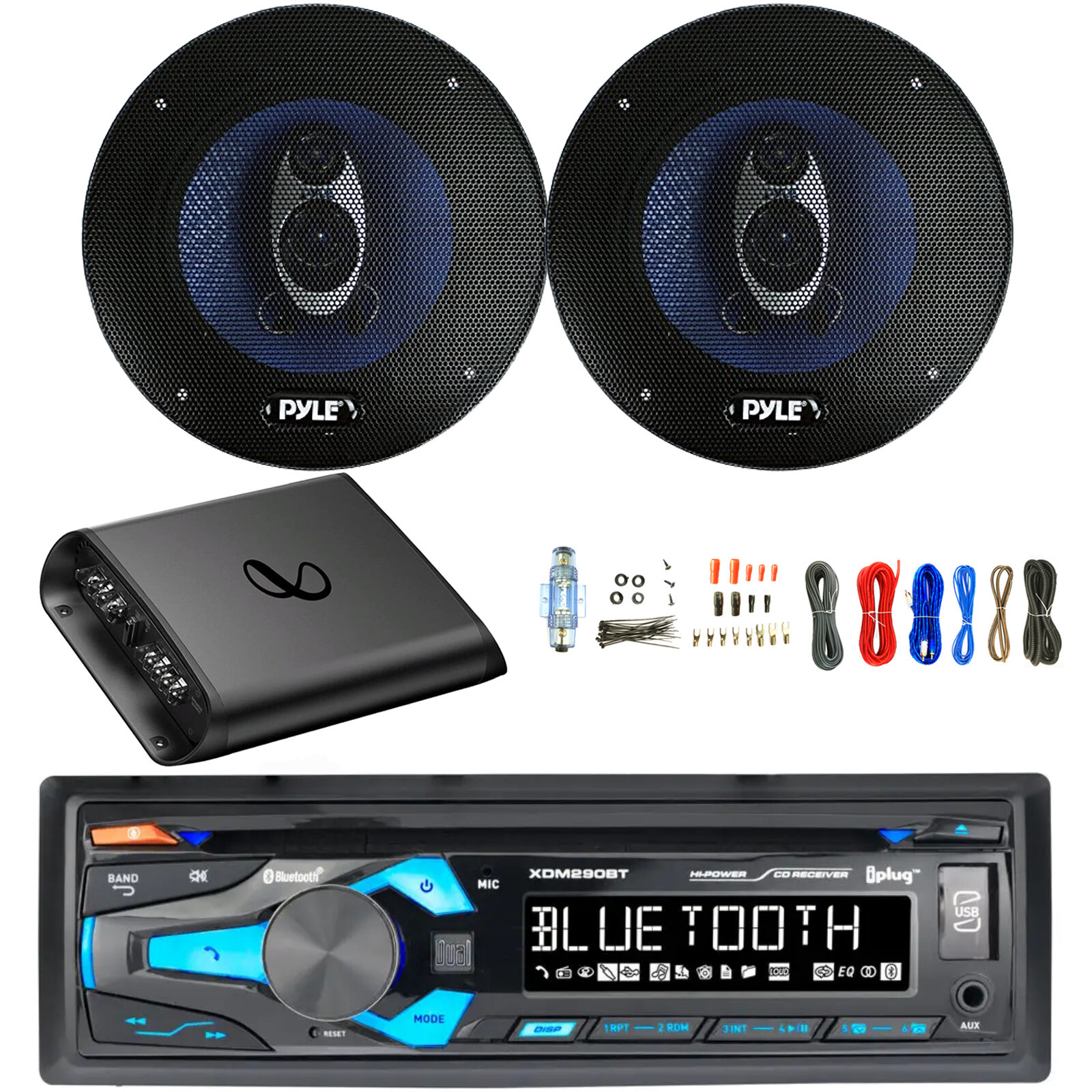 In-Dash Bluetooth AM/FM MP3 CD Stereo Receiver, 2x 6.5” 360W Speaker, Amp w/Kit