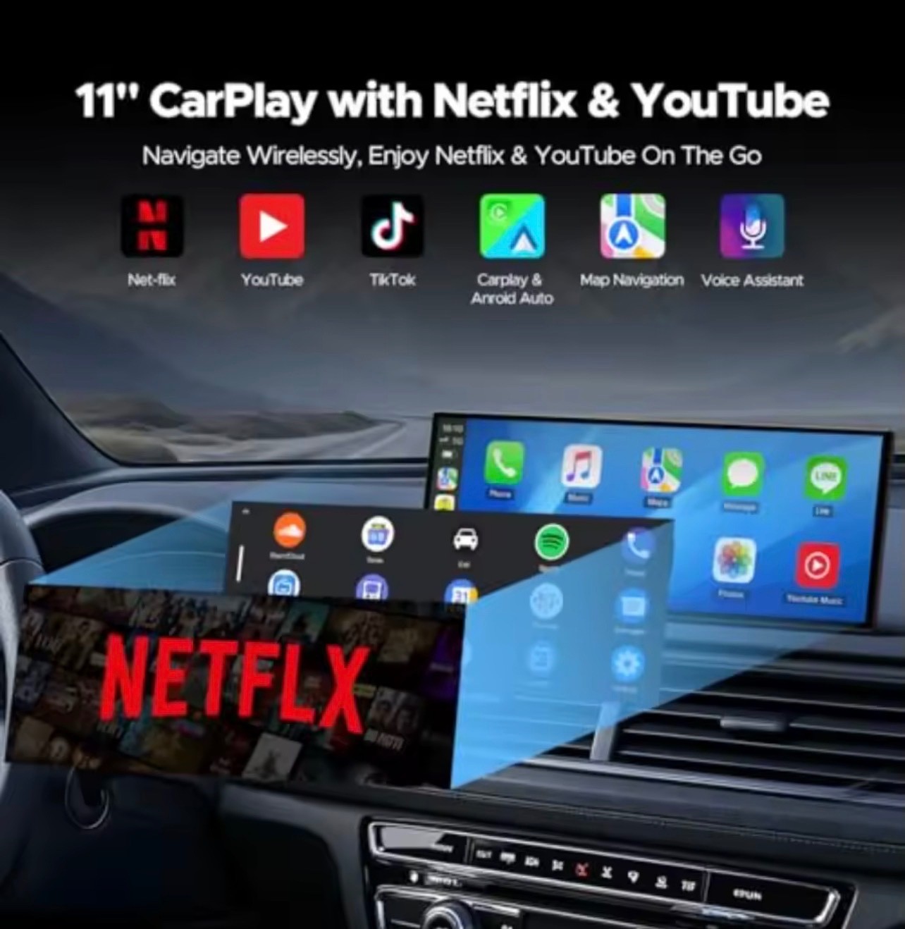 11″ Wireless CarPlay Screen with Netflix & YouTube