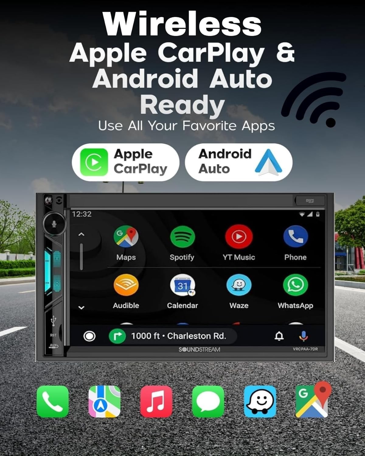 Soundstream VRCPAA-7DR – 7″ Double Din Car Stereo, Wireless CarPlay Android Auto