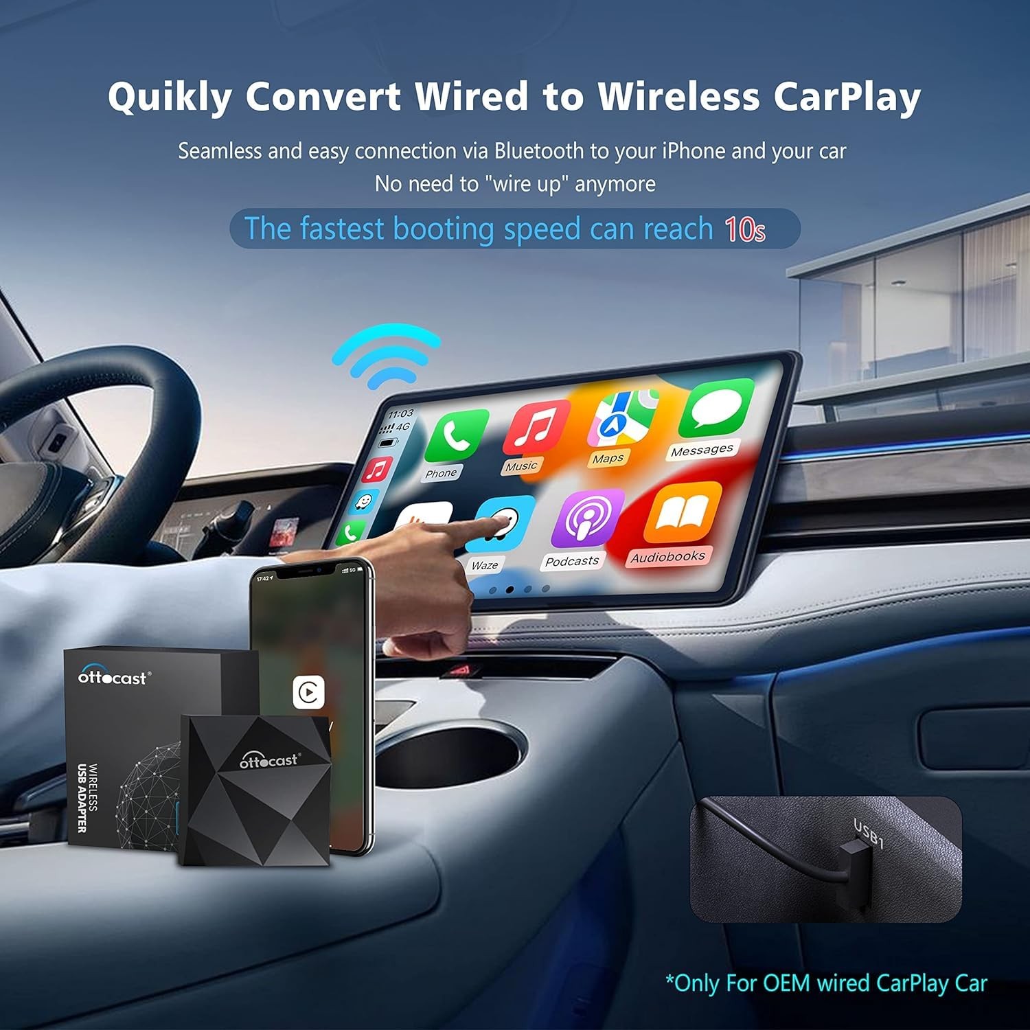 U2-AIR Wireless CarPlay Adapter for Apple iPhone, Convert Wired to Wireless P…