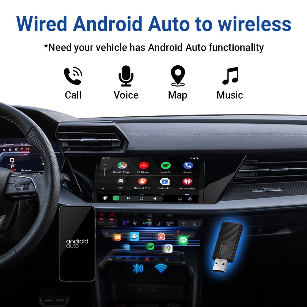 Mini Wireless Carplay / Android Auto Adapter USB Plug & Play, Music & Phone Call