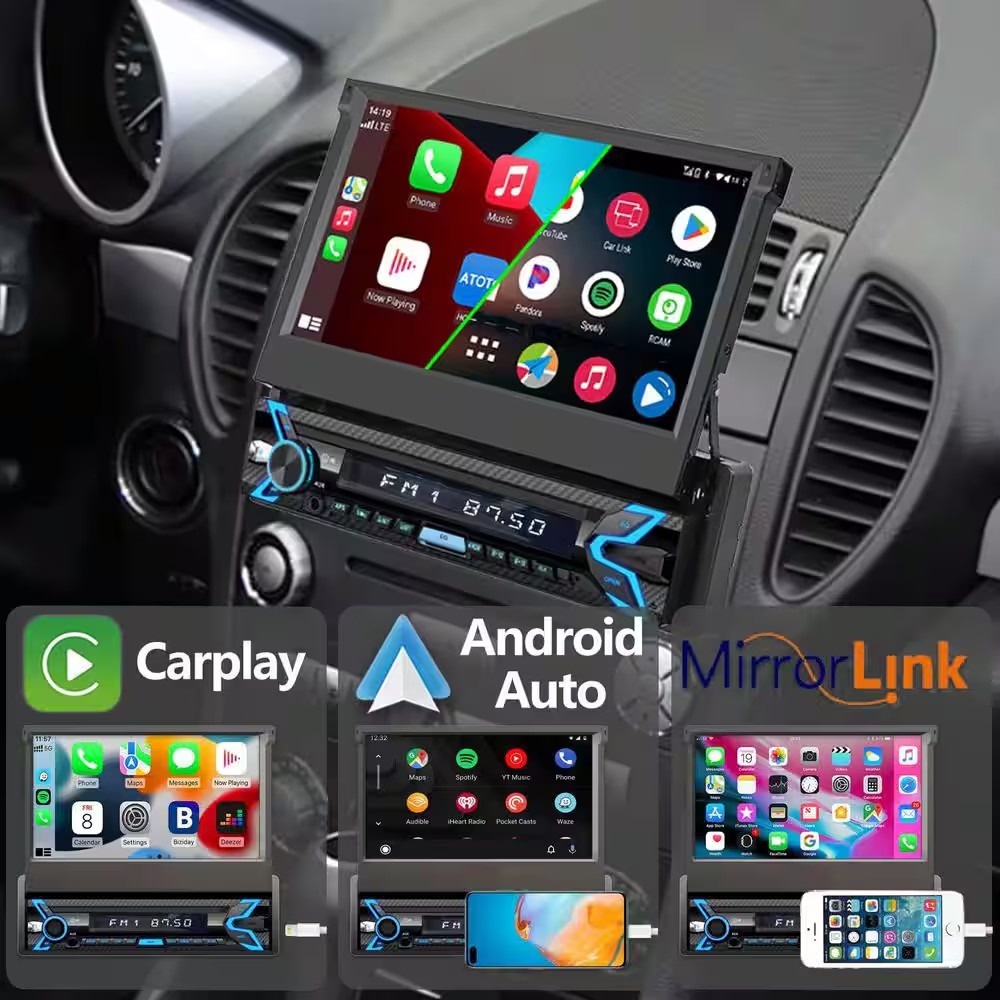 Single Din Car Stereo 7 In. Flip Out Touchscreen Radio Compatible with Apple Car
