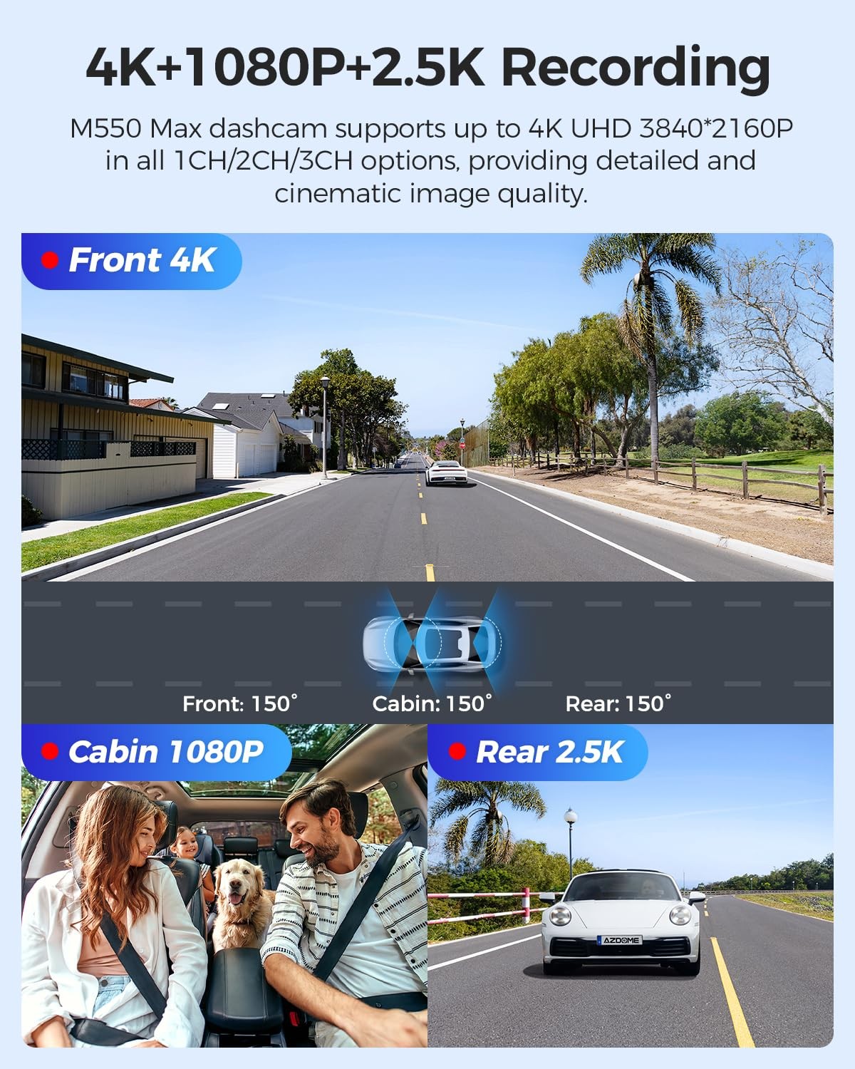 AZDOME M550 Max 4K 3-CH Dash Cam, Dual STARVIS, 4K+2.5K+1080P Front/Inside/Rear