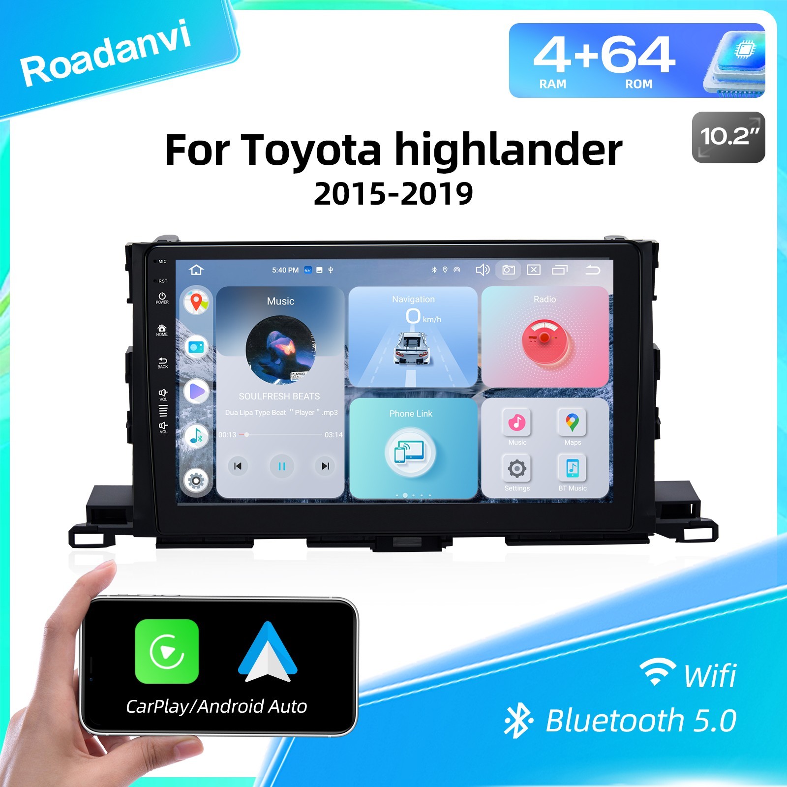 Roadanvi 10.2″ Car Radio Headunit for Toyota Highlander 2015-2019 CarPlay Stereo