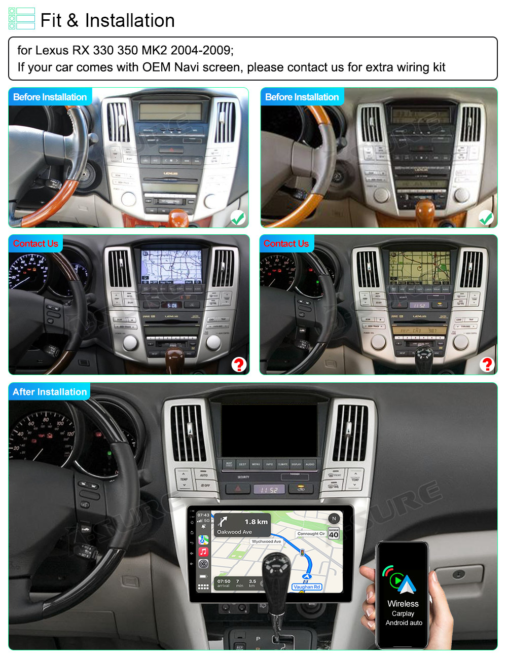 Android 11 2+32GB Wireless CarPlay Car Radio Stereo GPS for Lexus RX330/350/400H