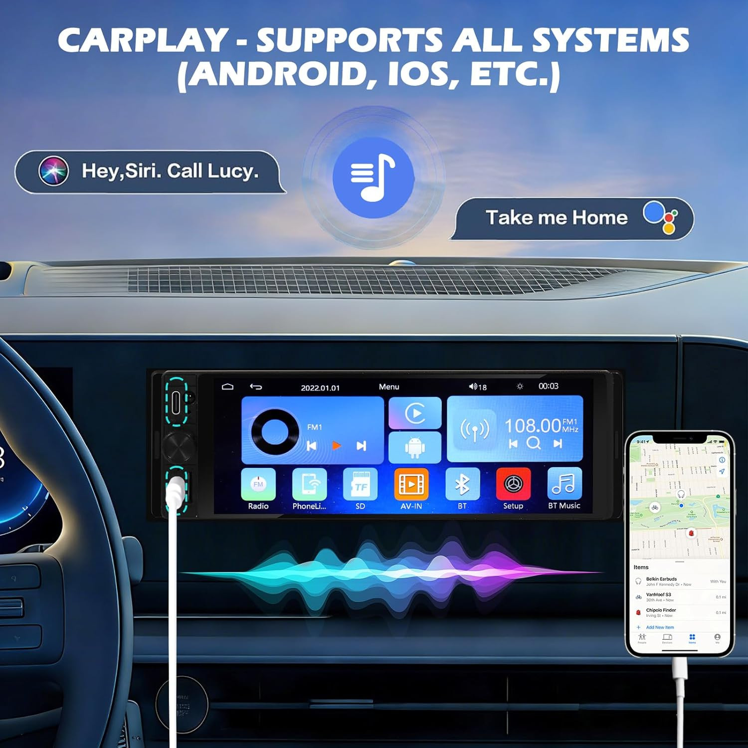 Single Din Car Radio – Car Stereo with Wireless Apple Carplay Android Auto, 6.9″