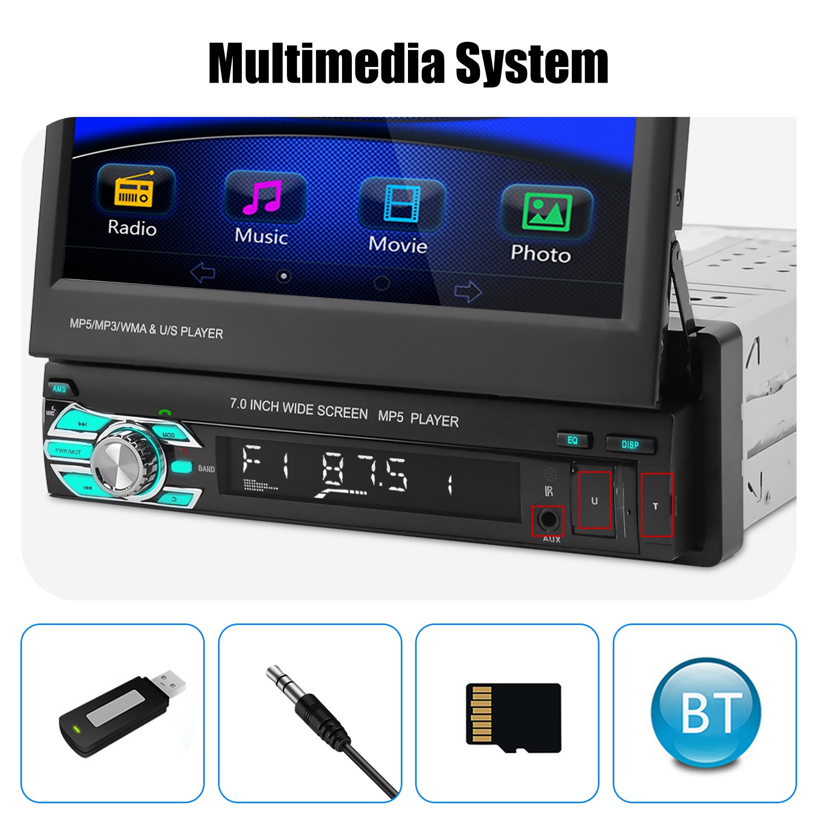 7″ Single 1 Din Car Stereo Radio Apple CarPlay & Android Auto Flip Out Player BT