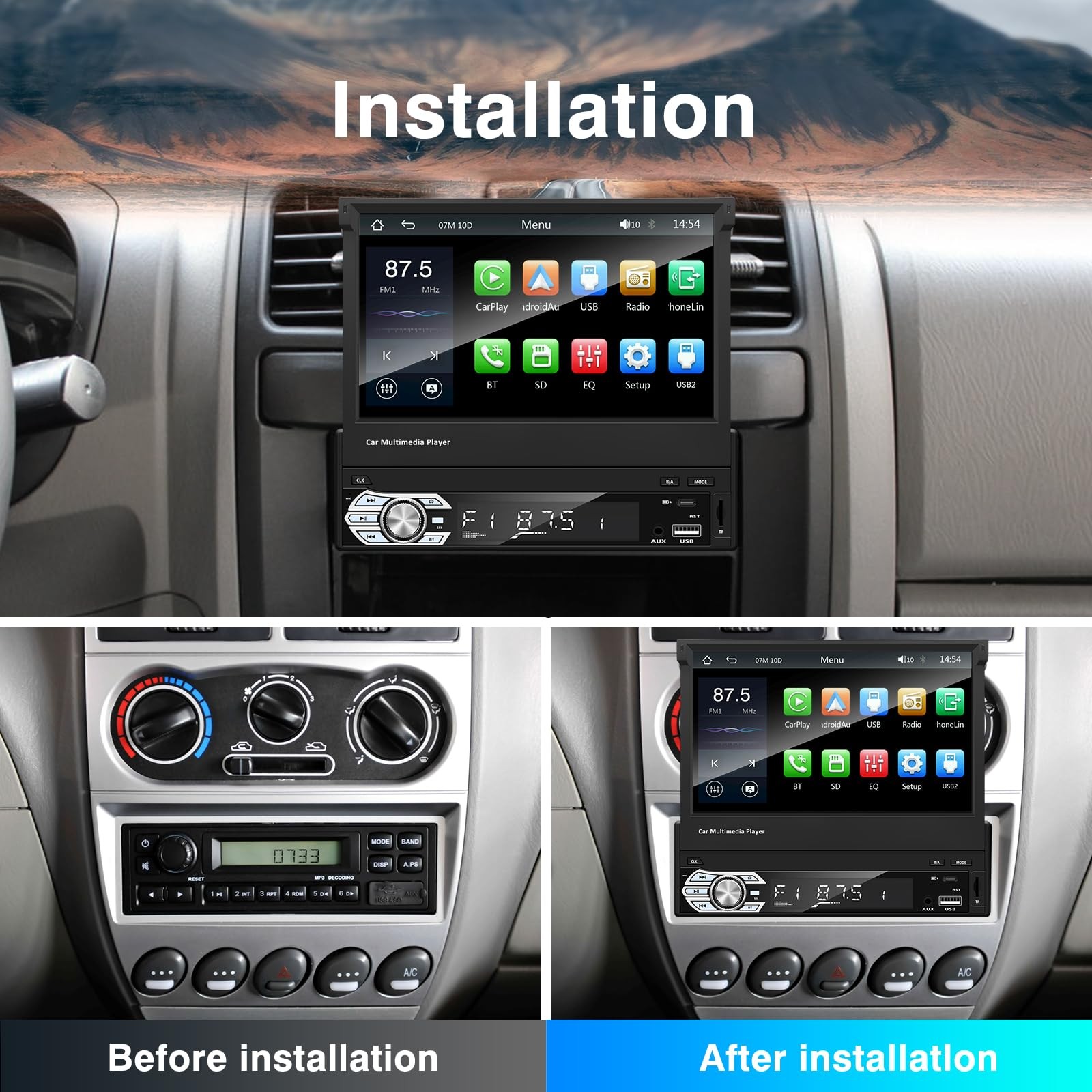 Retractable Car Radio, 1 Din Stereo Hidden Screen