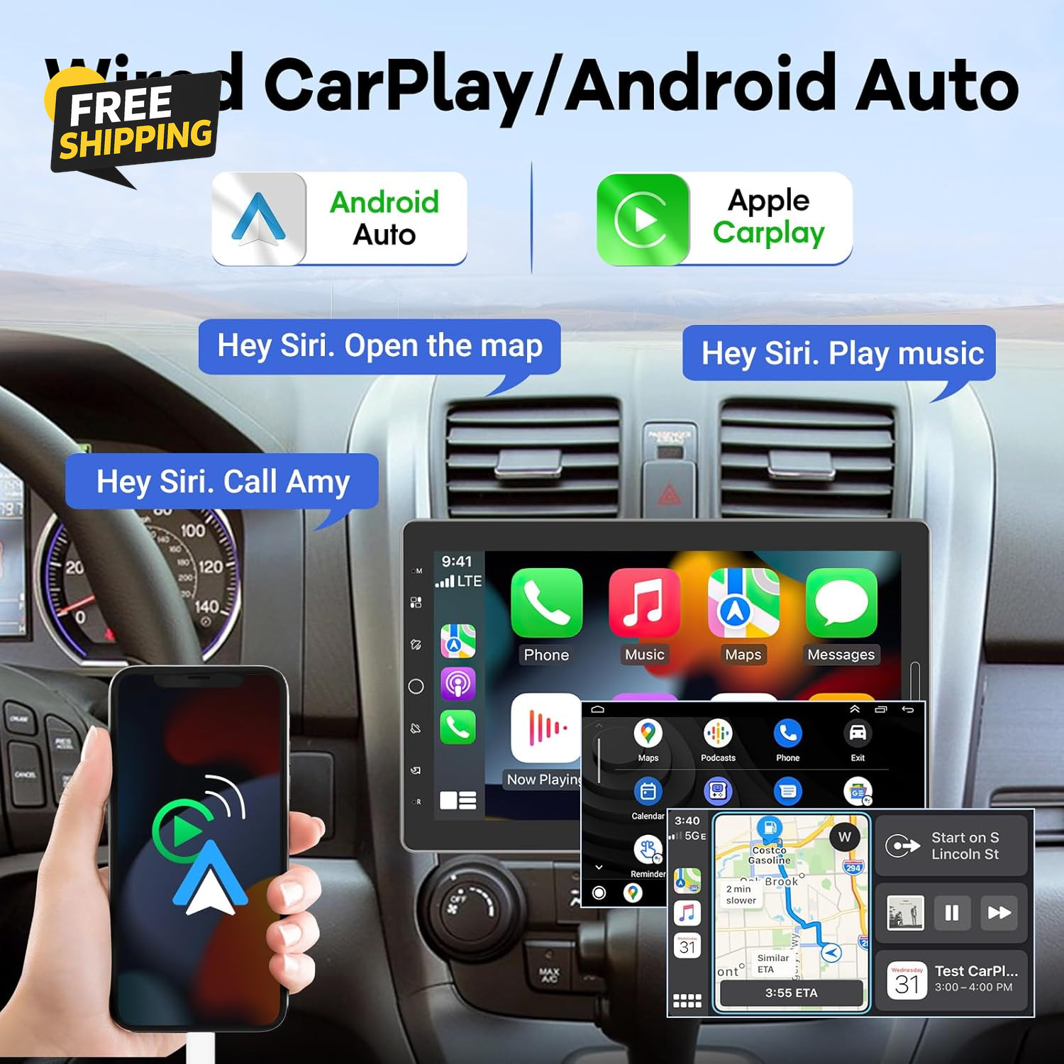 10.1 Inch Single Din Car Stereo with Carplay and Android Auto, 10 Inch