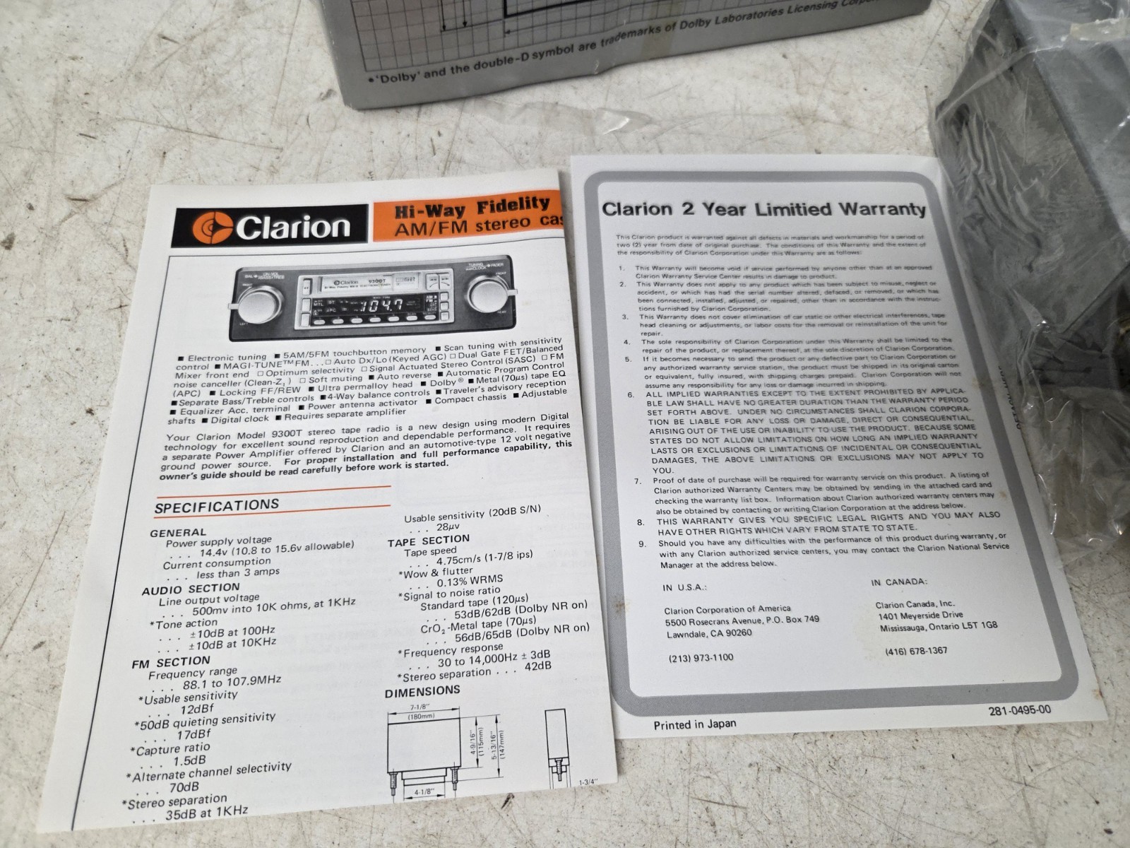 Vintage NOS Clarion 9300T AM/FM Stereo Cassette Tuner Shaft Mount Old School