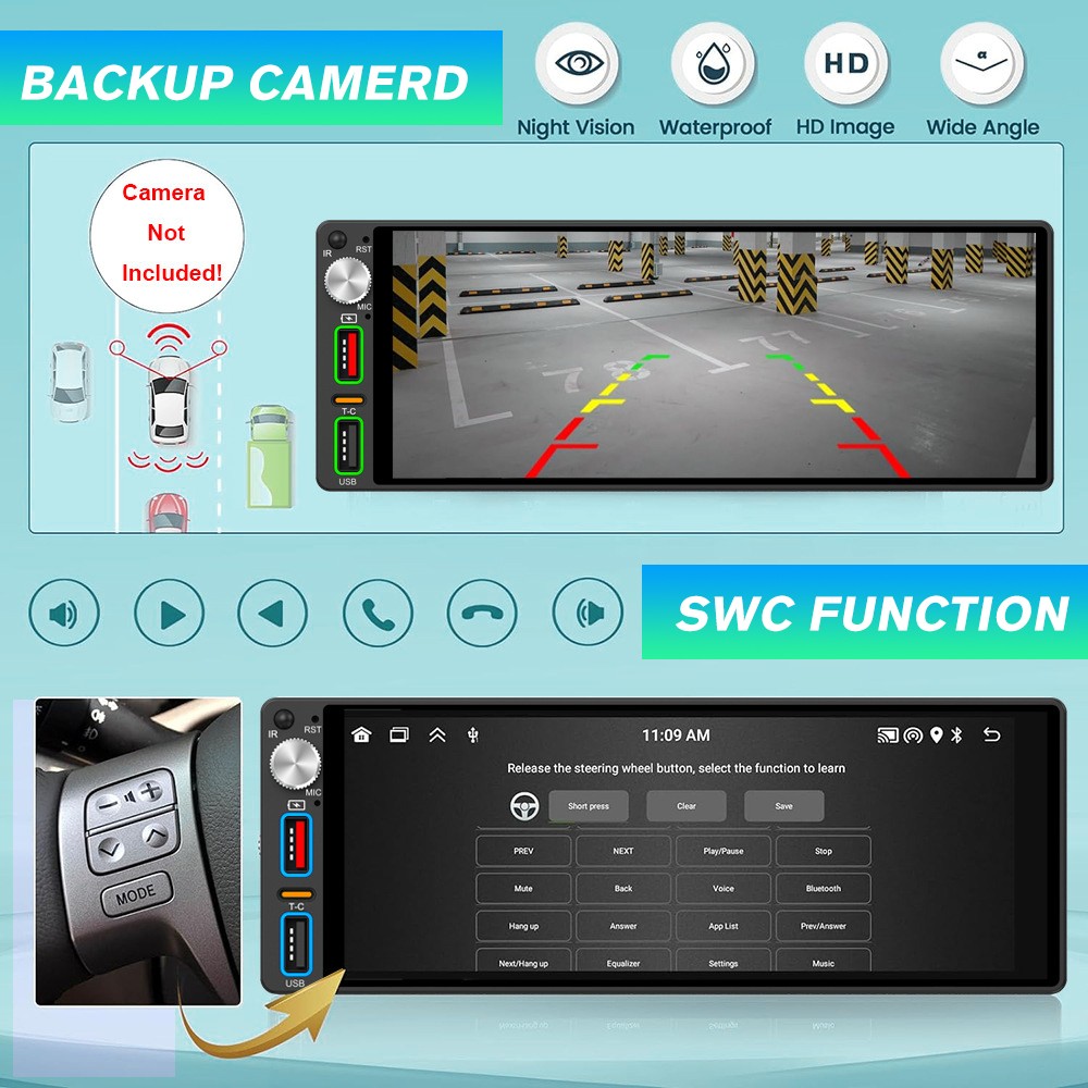 Single 1 Din Car Stereo Apple CarPlay 6.9” touchscreen Bluetooth Radio SWC USB