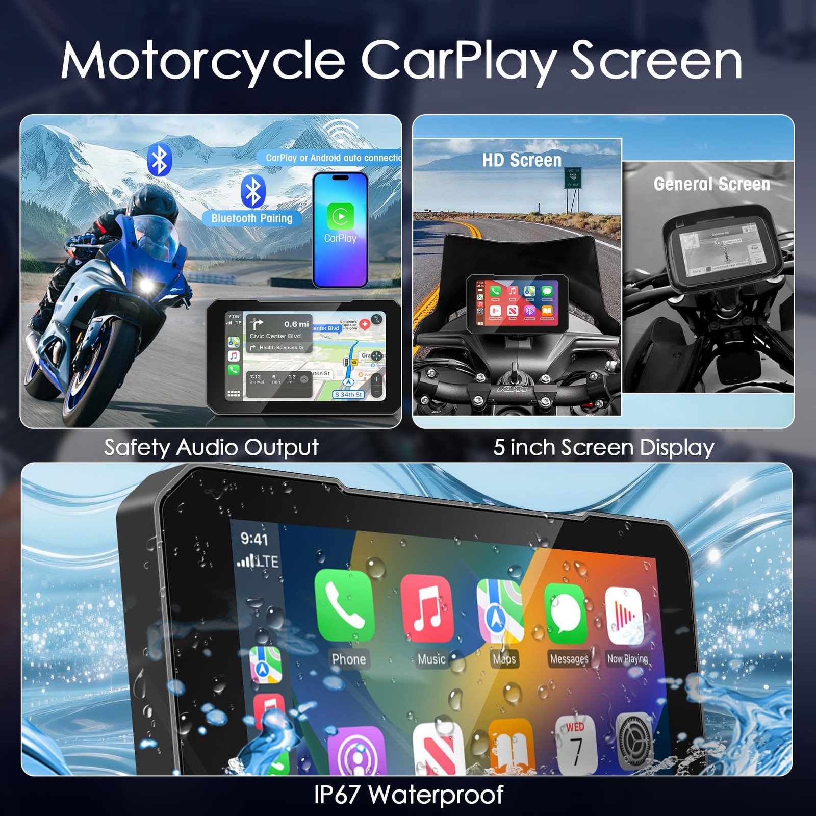 Motorcycle CarPlay Screen with Wireless CarPlay Android Auto, 5 Inch Waterpro…