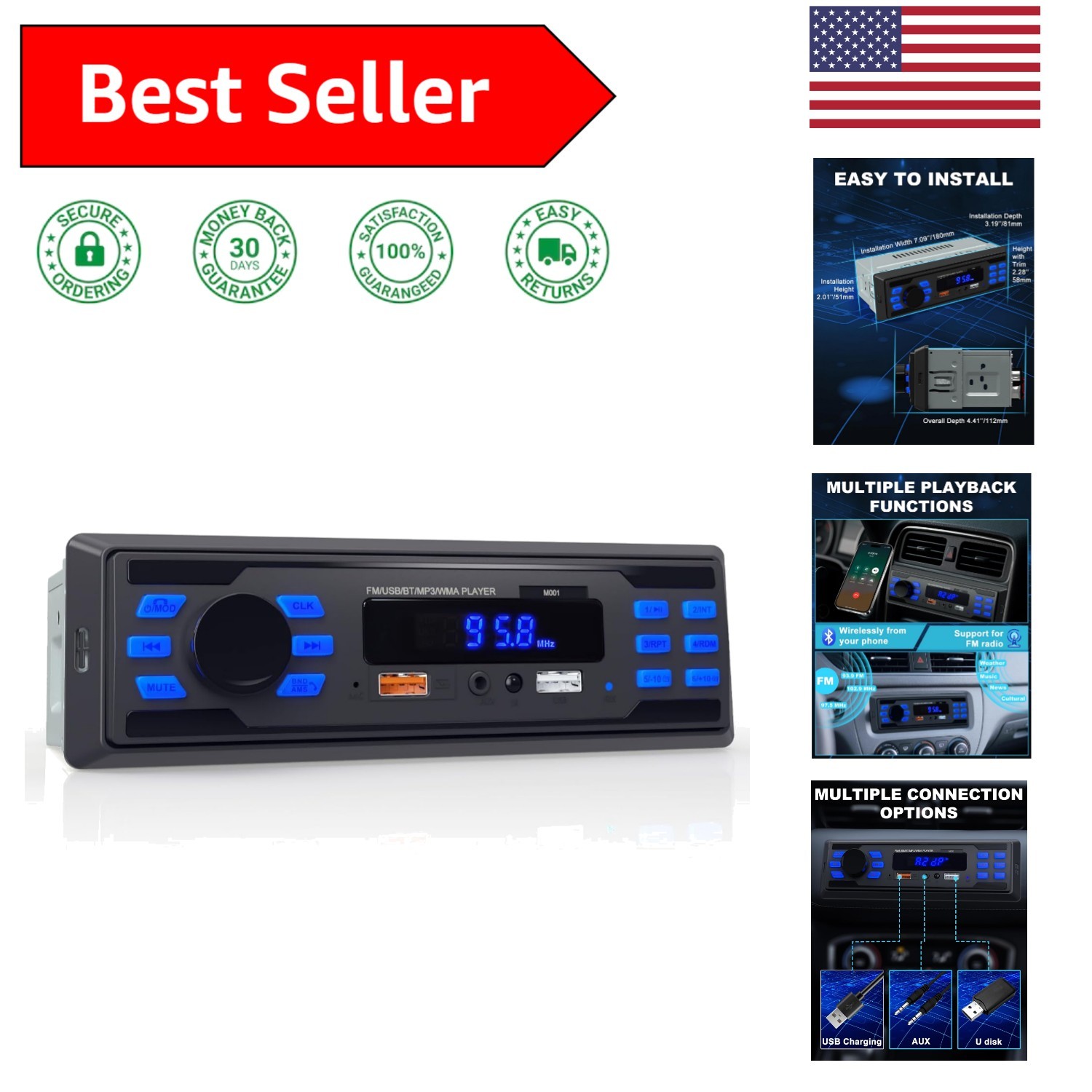 Versatile Single DIN Car Audio System with FM, USB & Remote Control Functions